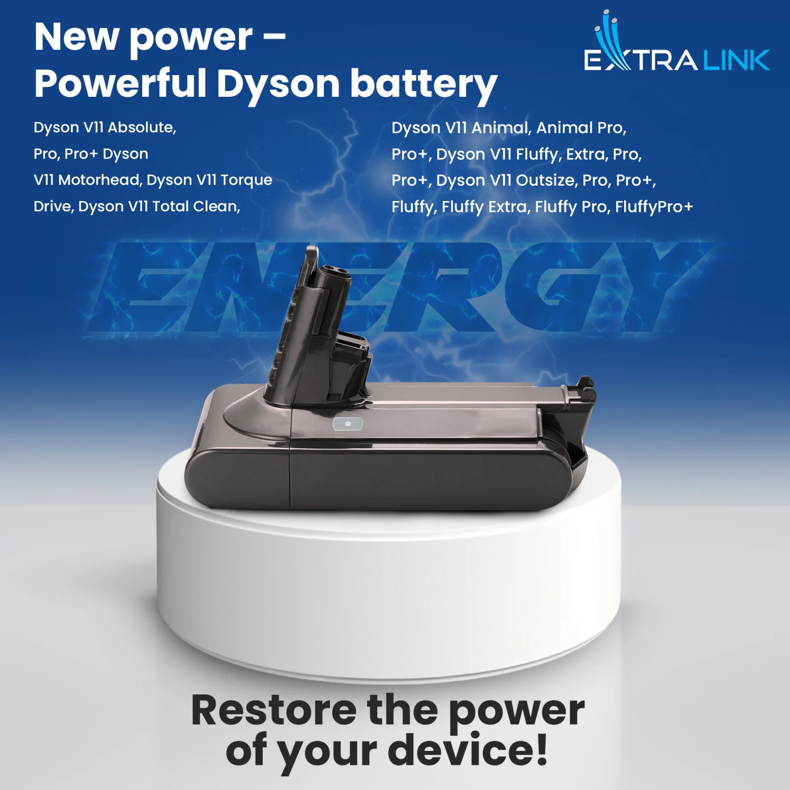 Beyaz taban üzerinde gri renkte dyson süpürgeler için yedek pil, arka planda mavi 'ENERGY' logosu