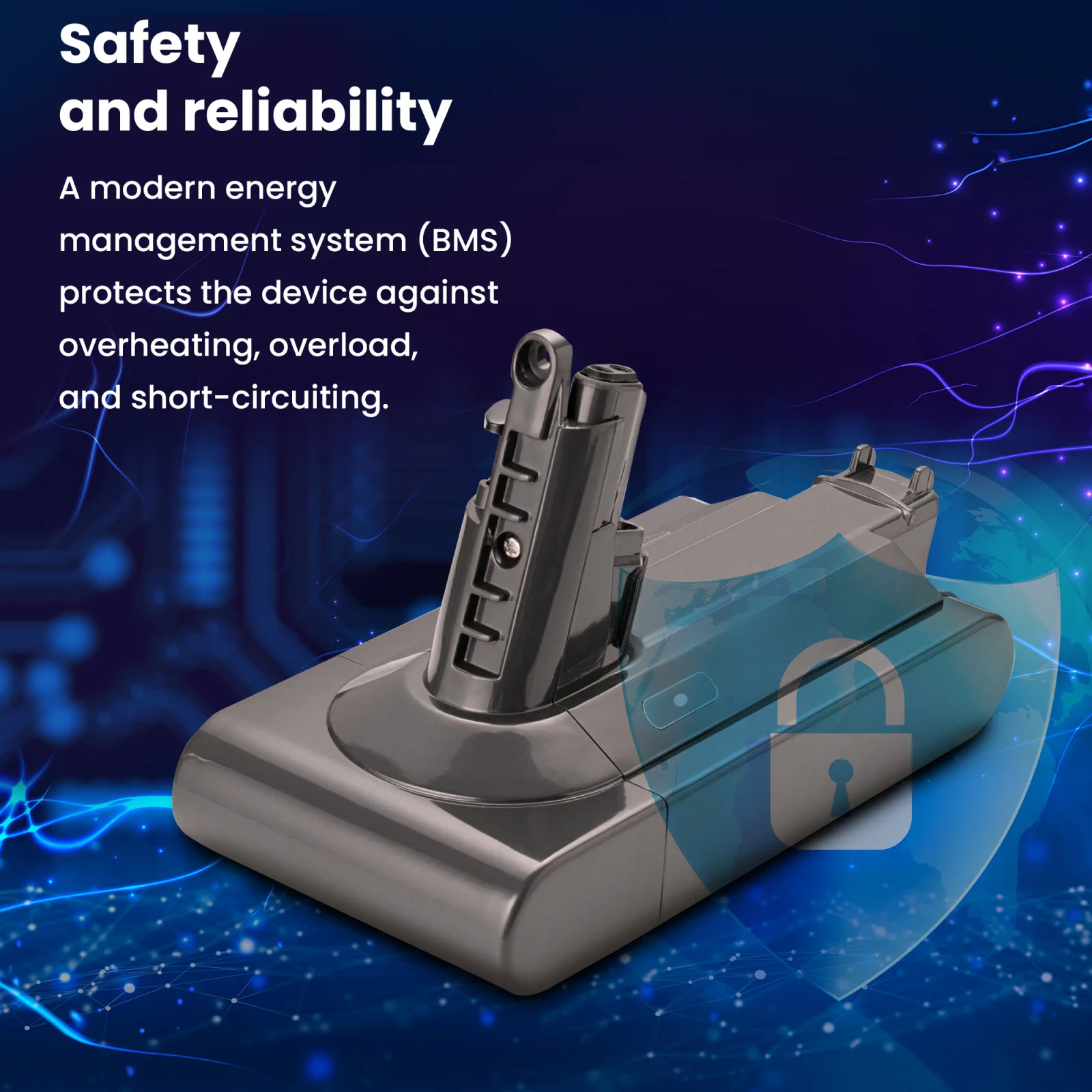 dyson el süpürgesi̇ bataryasi ve güvenli̇k kalkanini gösteren görsel