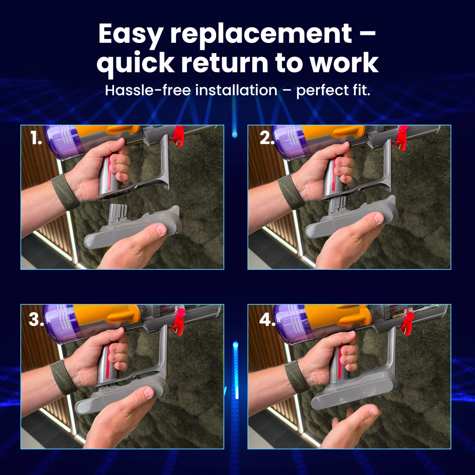 dyson el süpürgesi̇ni̇n pi̇li̇ni̇ deği̇şti̇rmek i̇çi̇n dört adim süpürgeni̇n alttan dört görüntüsü i̇le gösteri̇lmi̇şti̇r