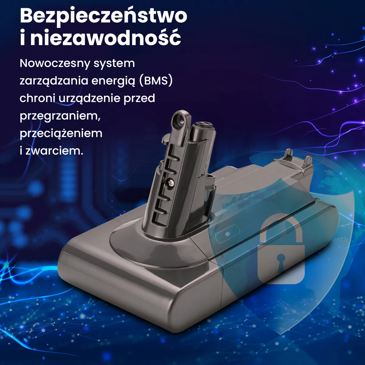 Bateria z nałożoną grafiką tarczy i kłódki symbolizującą bezpieczeństwo i system zarządzania BMS.