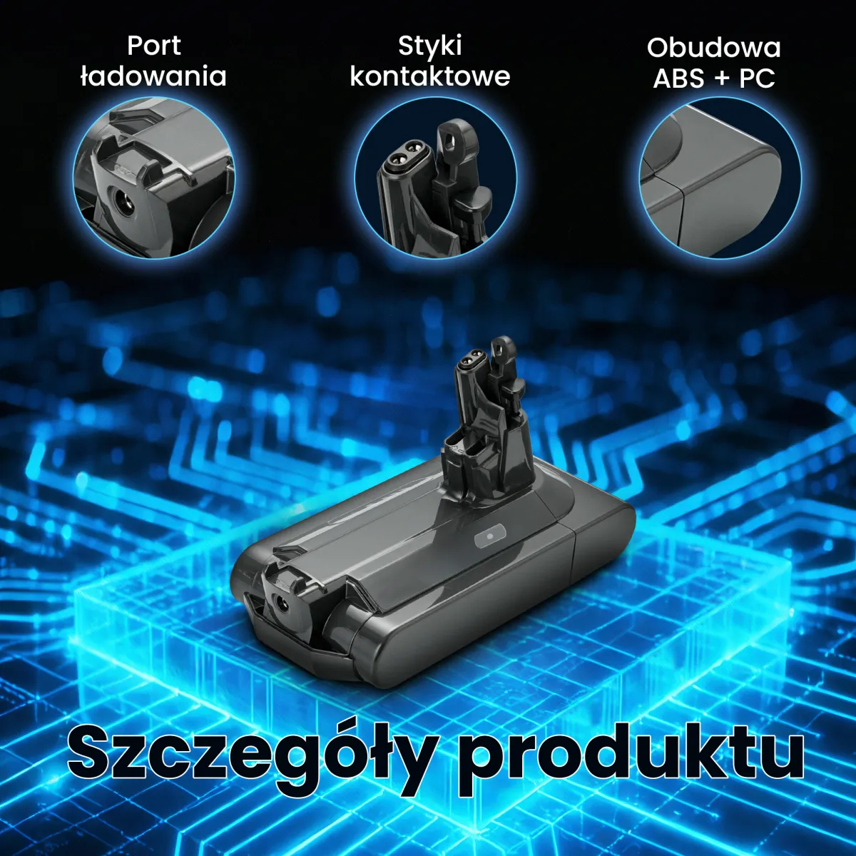 Szczegółowe ujęcia portu ładowania, styków oraz obudowy akumulatora na tle ścieżek elektronicznych.