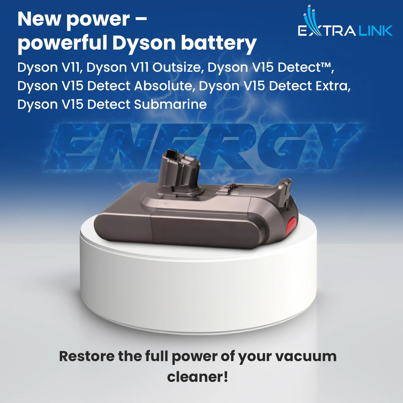 replacement battery for dyson vacuum cleaners in gray on a white stand, blue 'ENERGY' logo in the background