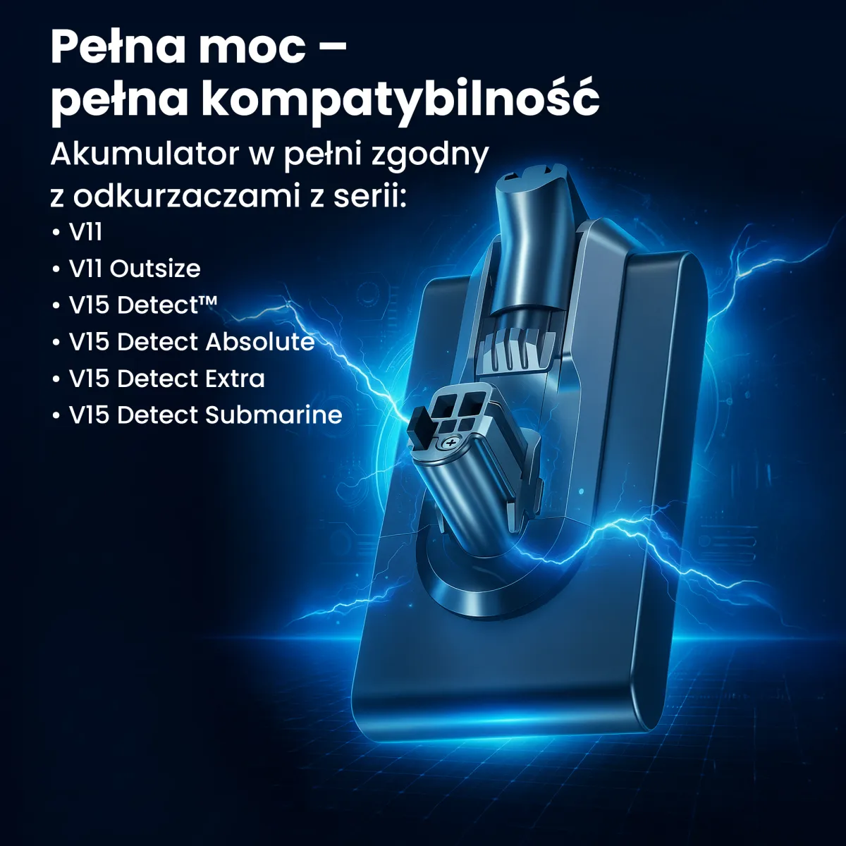 Spód baterii z naklejką informacyjną i certyfikatem CE na tle niebieskich wyładowań elektrycznych.