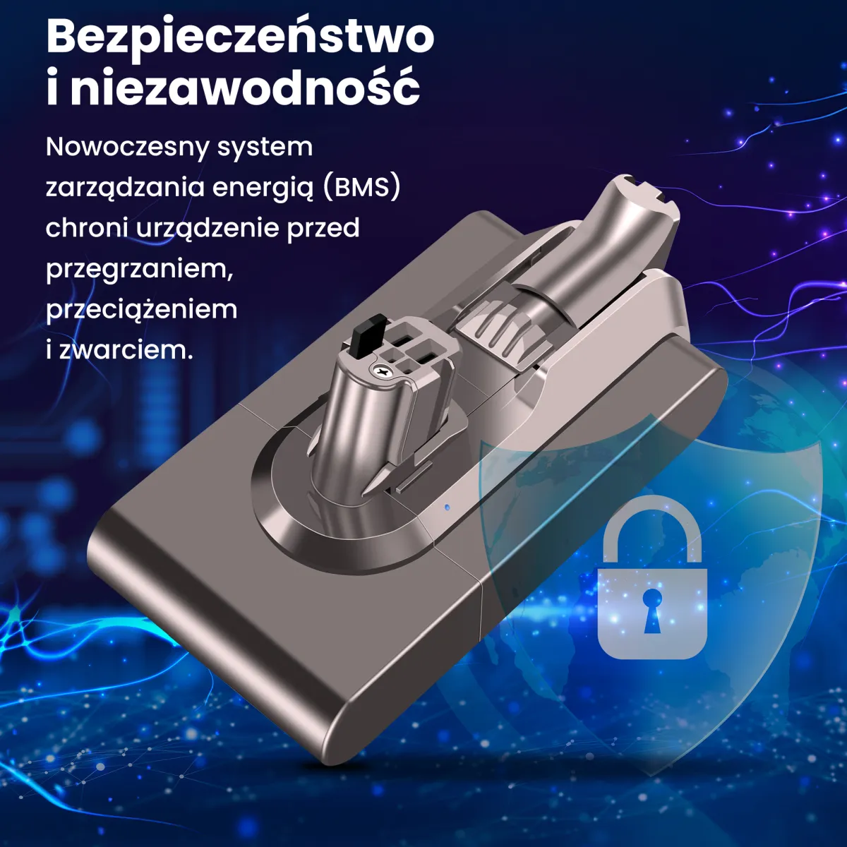 Bateria z nałożoną grafiką tarczy i kłódki symbolizującą bezpieczeństwo i system zarządzania BMS.