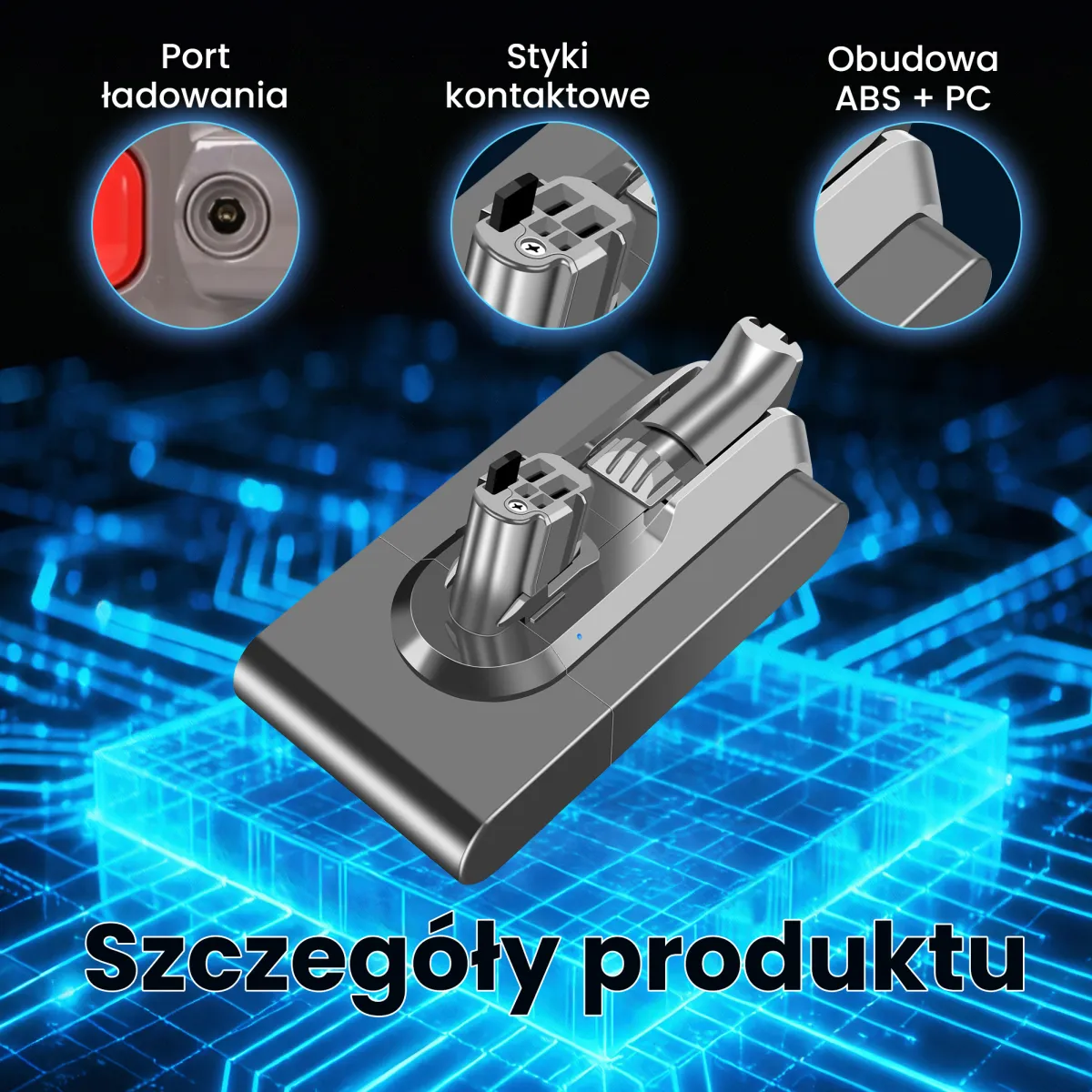 Szczegółowe ujęcia portu ładowania, styków oraz obudowy akumulatora na tle ścieżek elektronicznych.