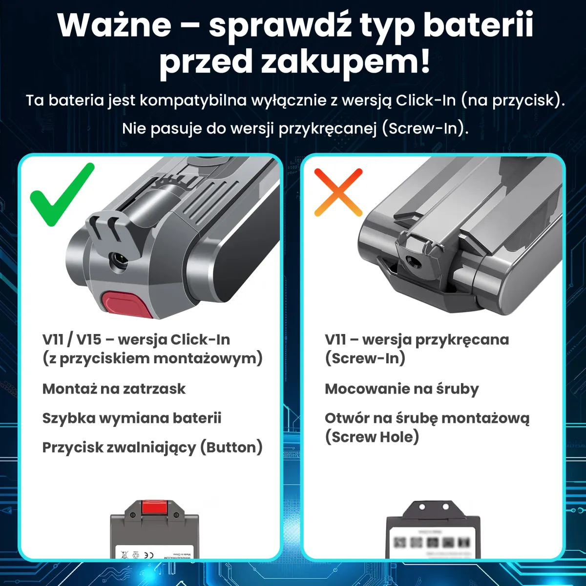 Porównanie konstrukcji baterii typu Click-In z czerwonym przyciskiem oraz wersji Screw-In z otworem na śrubę