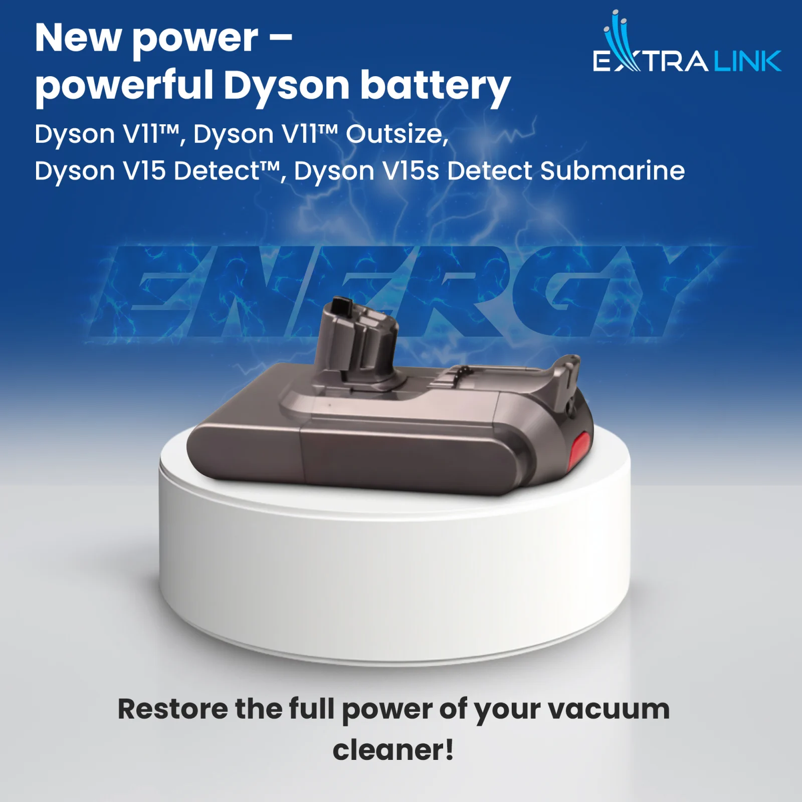 replacement battery for dyson vacuum cleaners in gray on a white stand, blue 'ENERGY' logo in the background