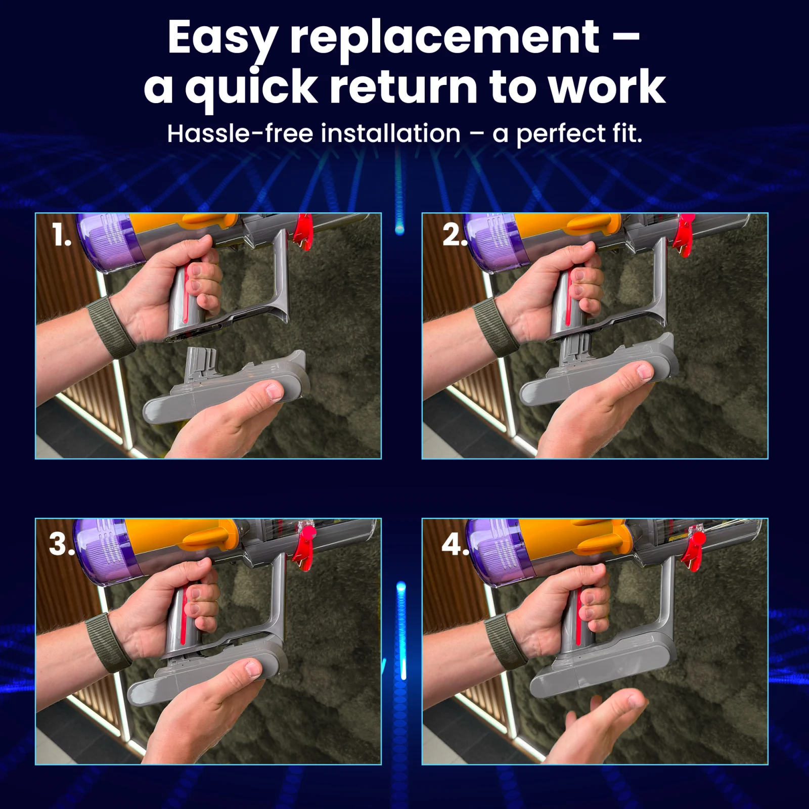 four steps of changing the battery in dyson handheld vacuum cleaner shown with four images of the vacuum cleaner from underneath
