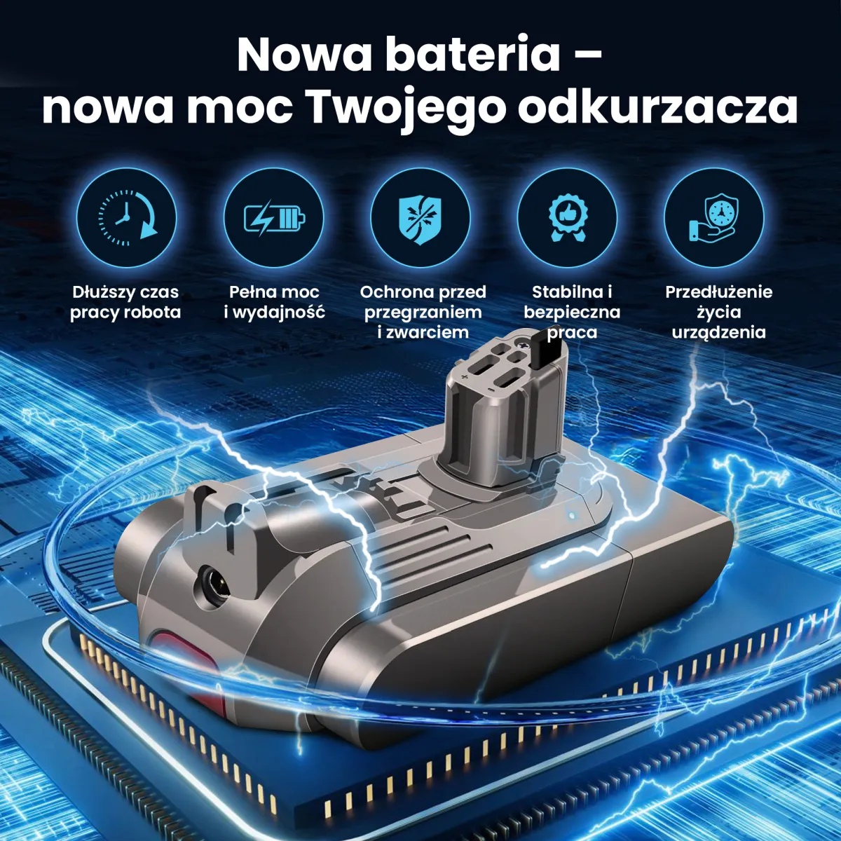 Akumulator z widocznymi ikonami funkcji ochronnych i napisem informującym o nowej mocy dla odkurzacza.