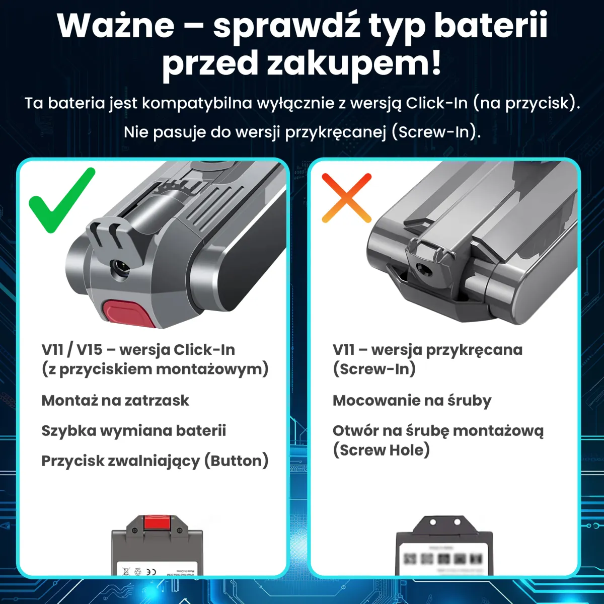 Porównanie konstrukcji baterii typu Click-In z czerwonym przyciskiem oraz wersji Screw-In z otworem na śrubę