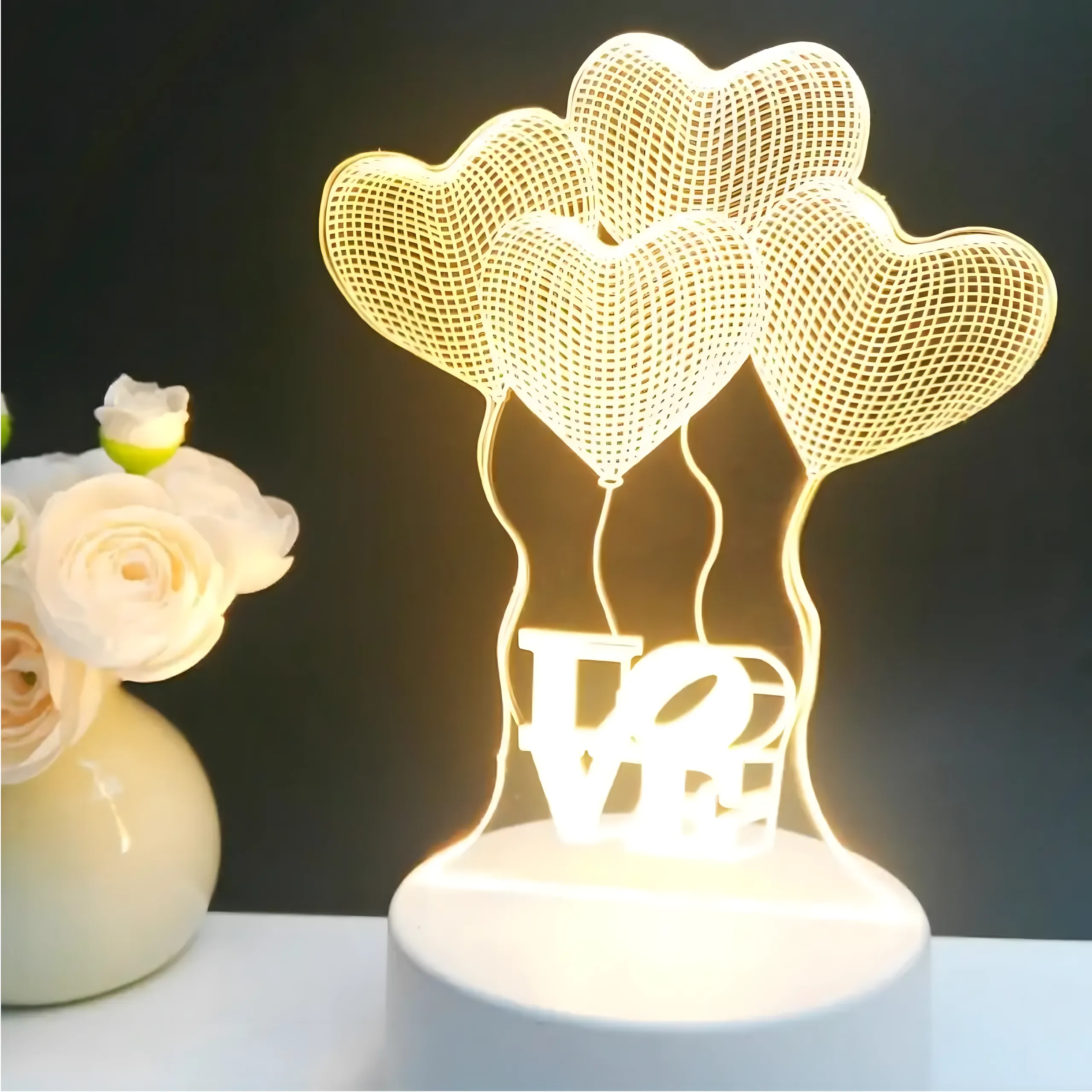 EXTRALINK HOME LUZ NOCTURNA QUATRO CORAÇÕES ILUSÃO DE ÓPTICA 3D PARA QUARTO USB