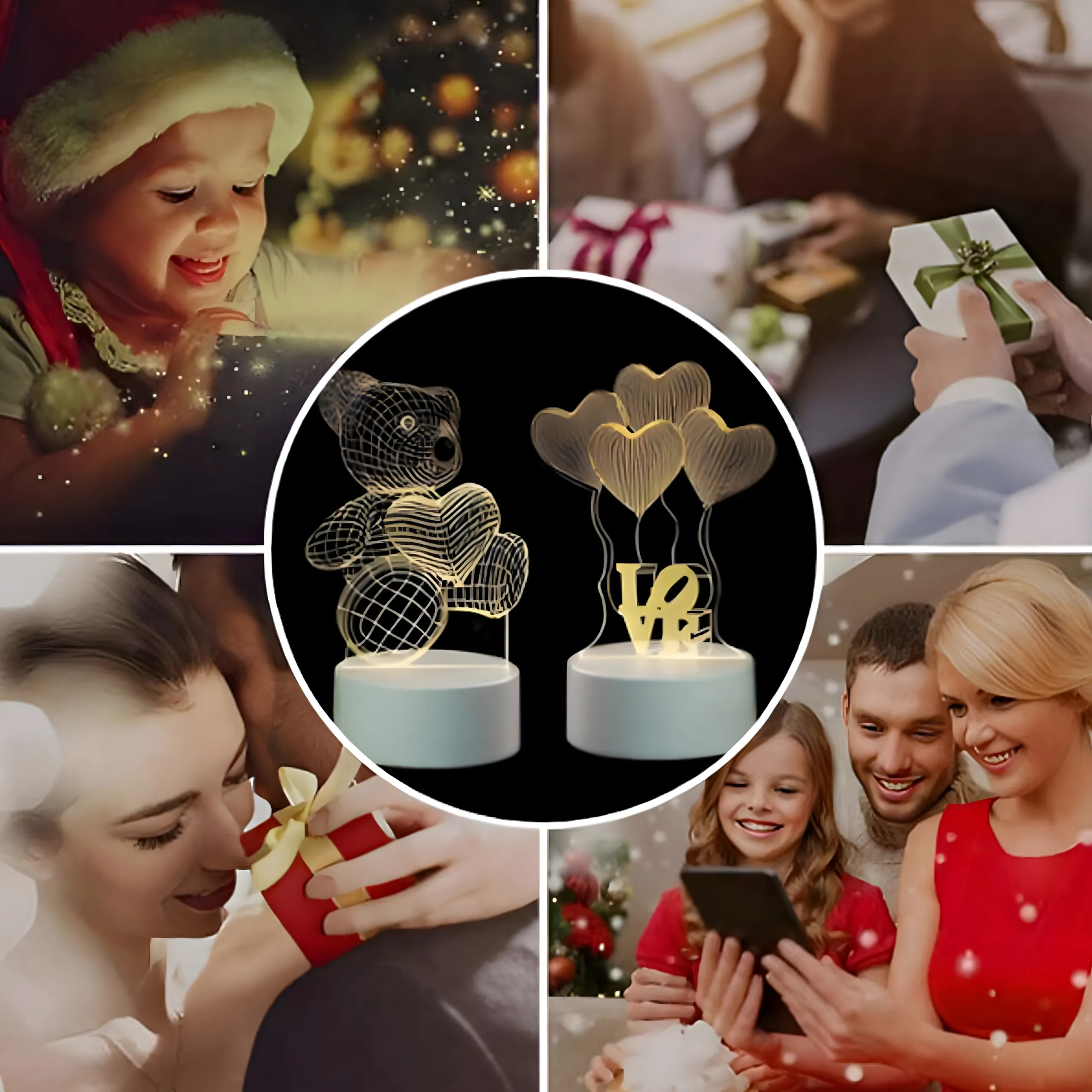 EXTRALINK HOME LUZ NOCTURNA QUATRO CORAÇÕES ILUSÃO DE ÓPTICA 3D PARA QUARTO USB