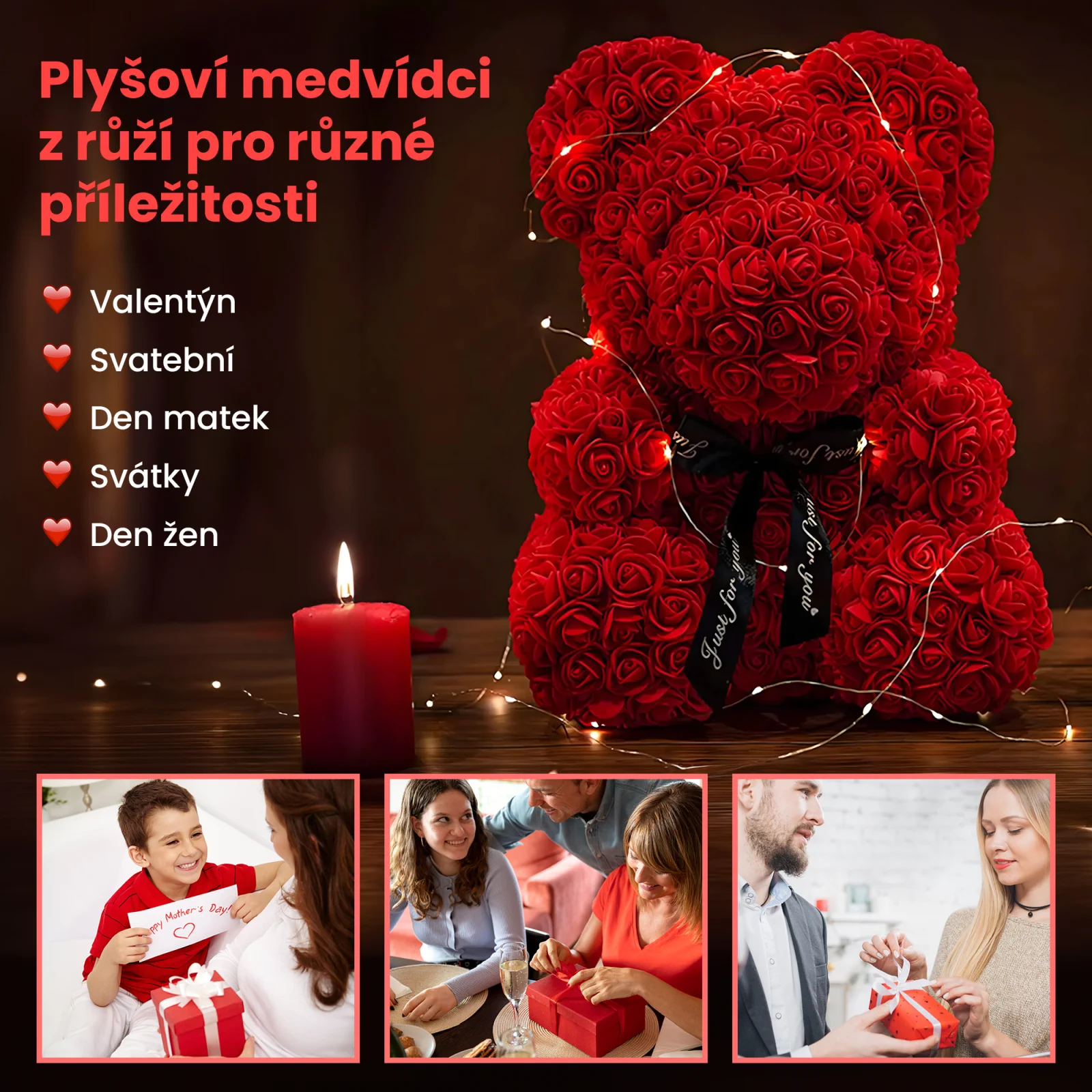 Vedle zap&aacute;len&eacute; sv&iacute;čky stoj&iacute; medv&iacute;dek s červenou růž&iacute; zabalen&yacute; do LED světel.