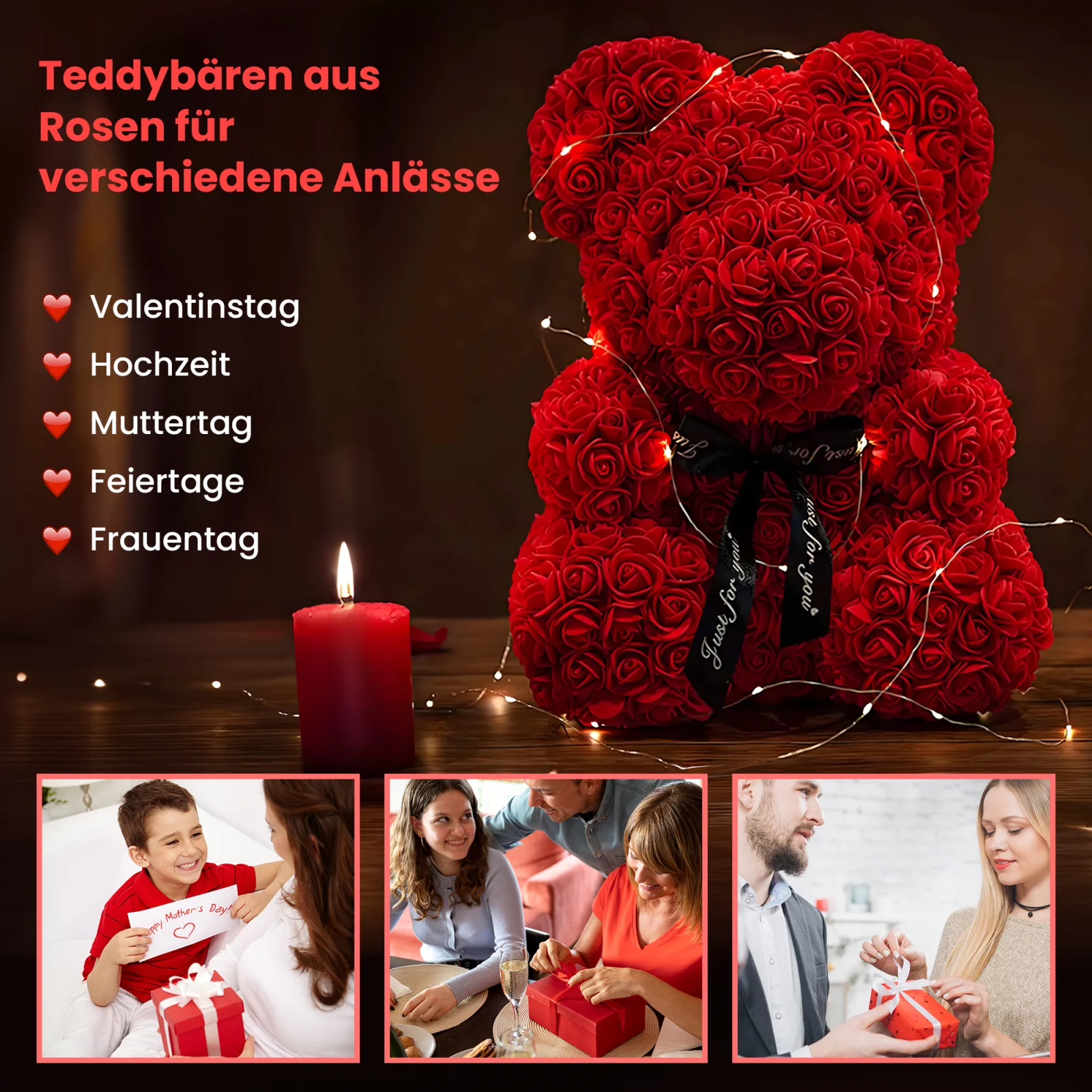 Ein roter Rosen-Teddybär, eingewickelt in LED-Lichter, steht neben einer brennenden Kerze