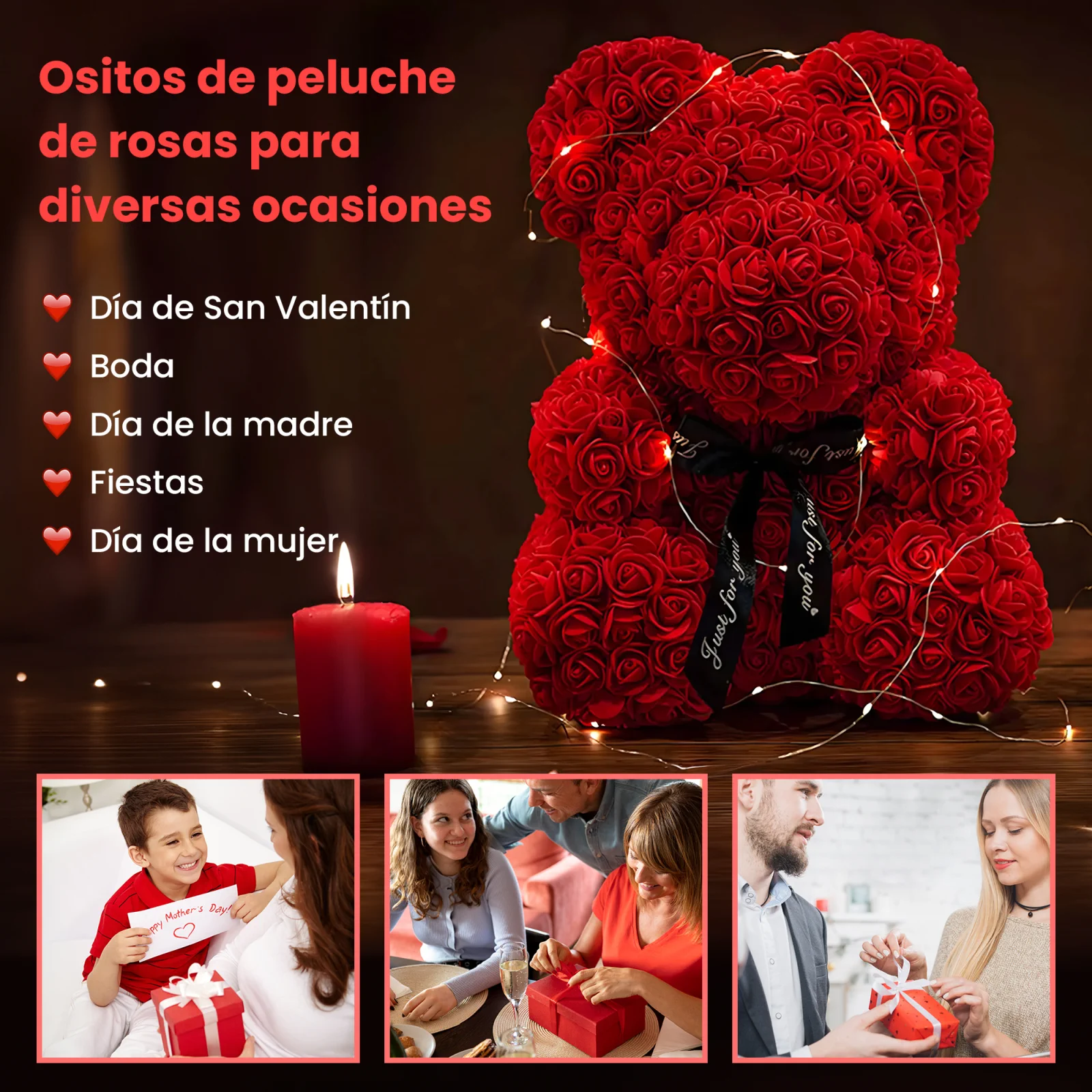Un osito de peluche con una rosa roja, envuelto en luces LED, junto a una vela encendida.