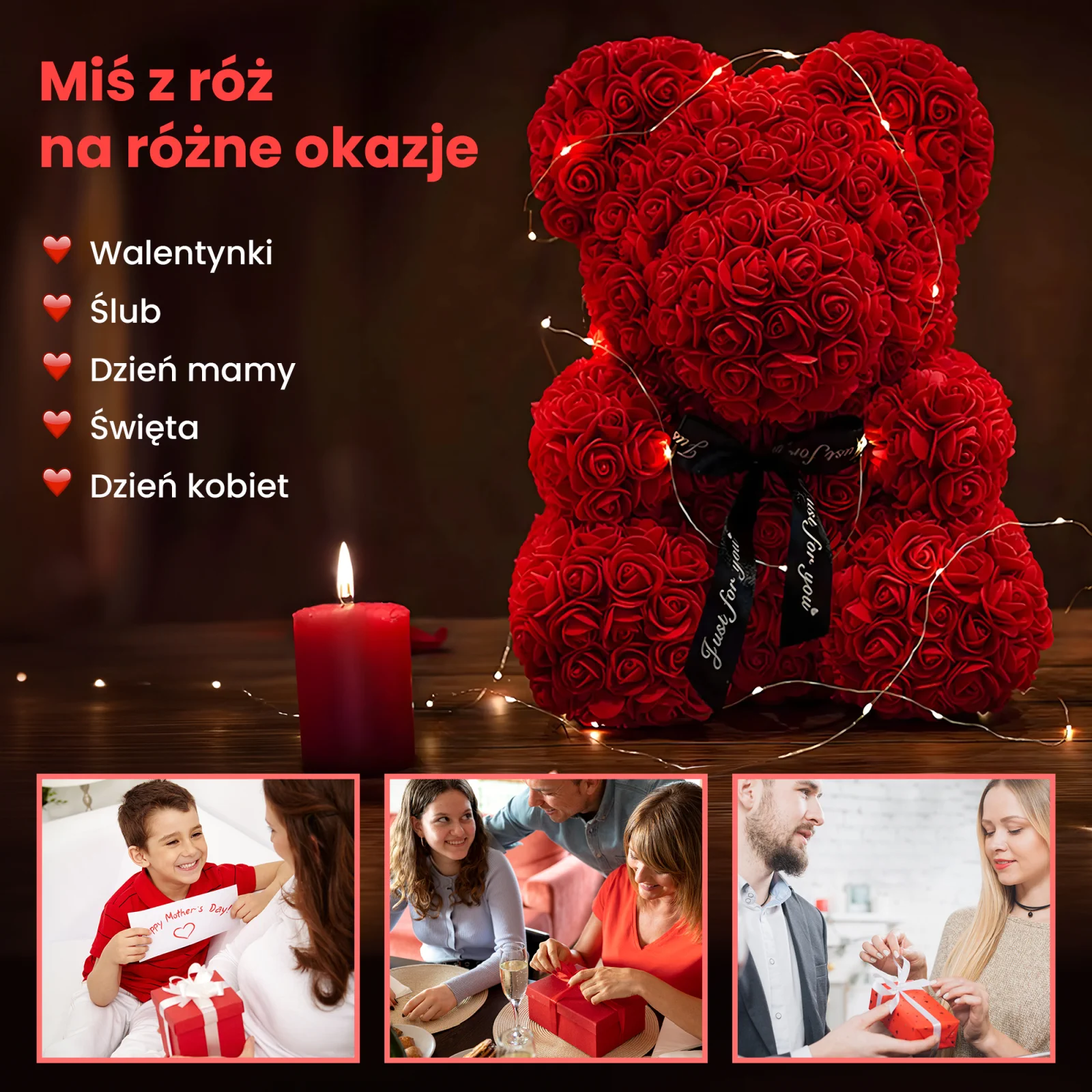 Un osito de peluche con una rosa roja, envuelto en luces LED, junto a una vela encendida.