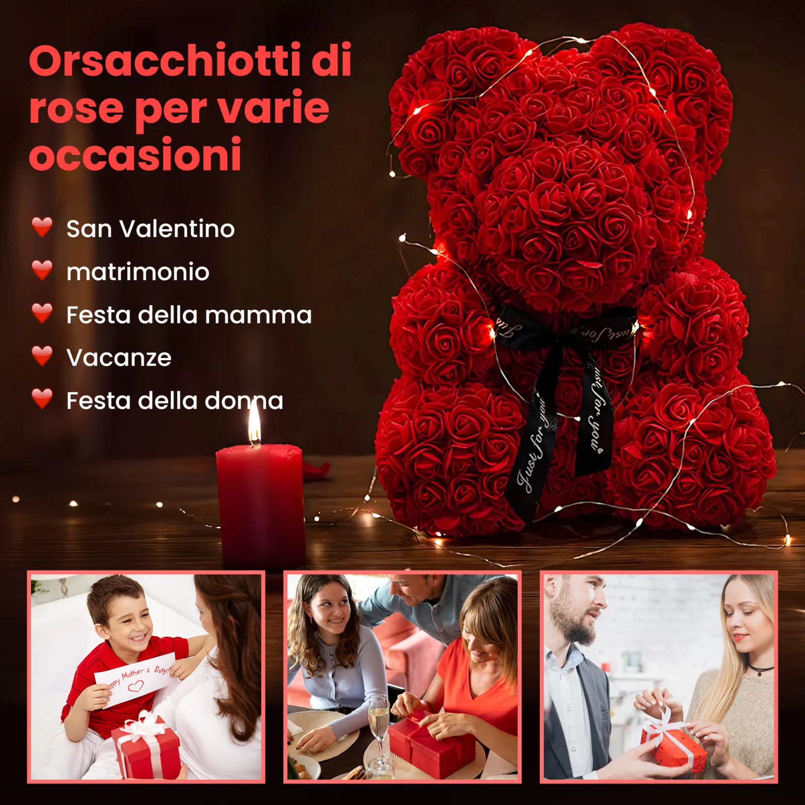 Un orsacchiotto di rose rosse, avvolto da luci LED, si trova accanto a una candela accesa.