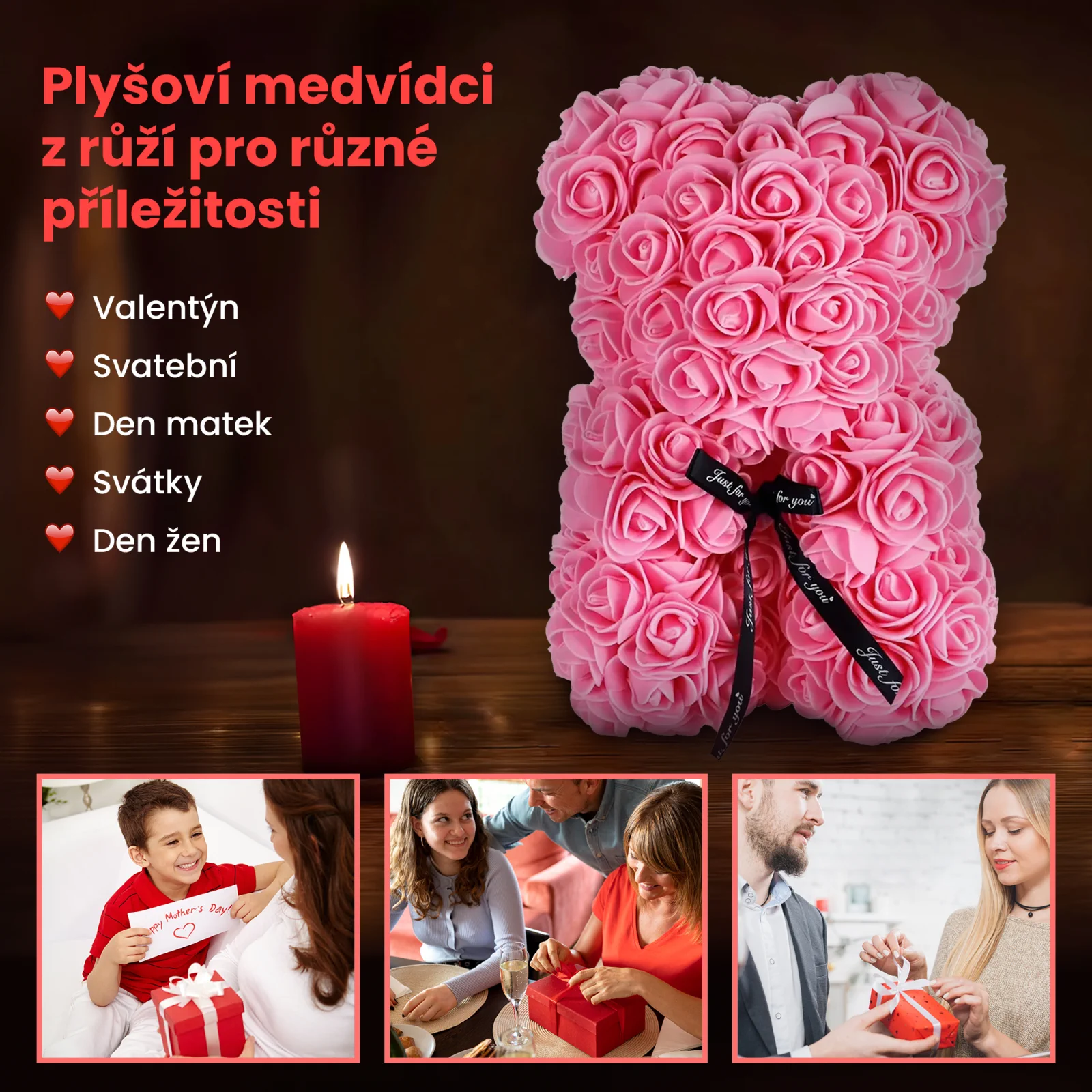 růžový růžový medvídek stojí vedle zapálené svíčky