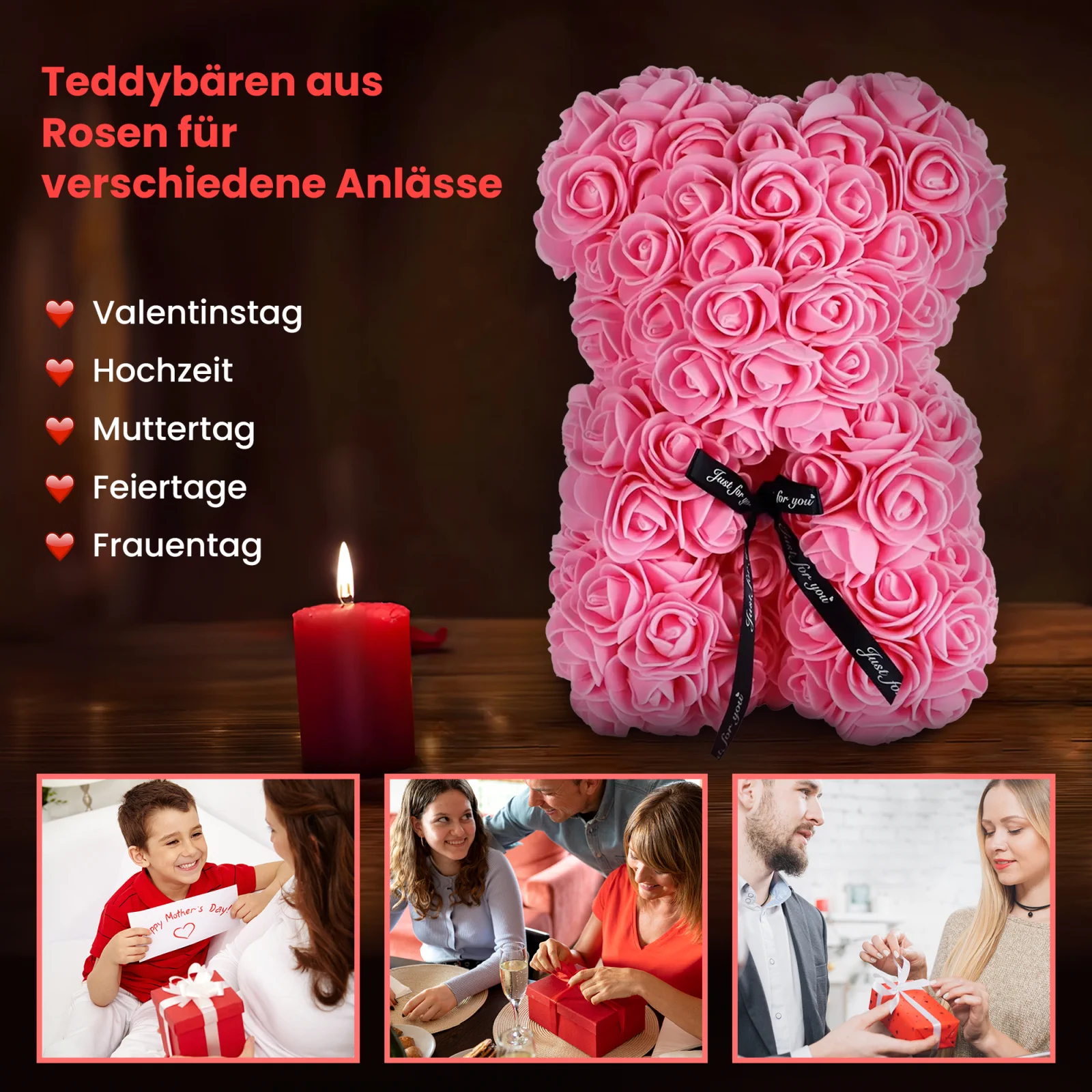 rosa rosa Teddybär steht neben einer brennenden Kerze