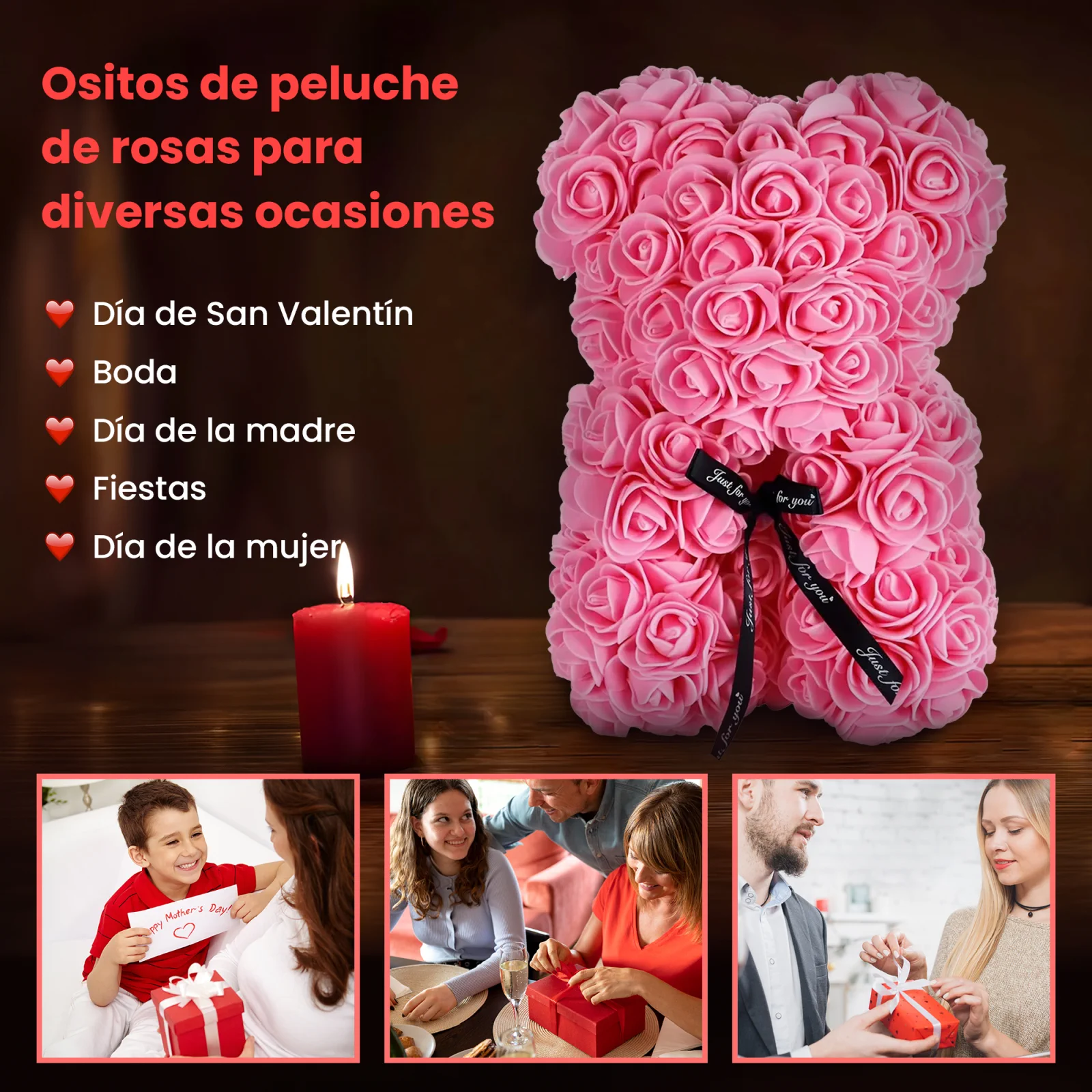 un osito de peluche rosa junto a una vela encendida