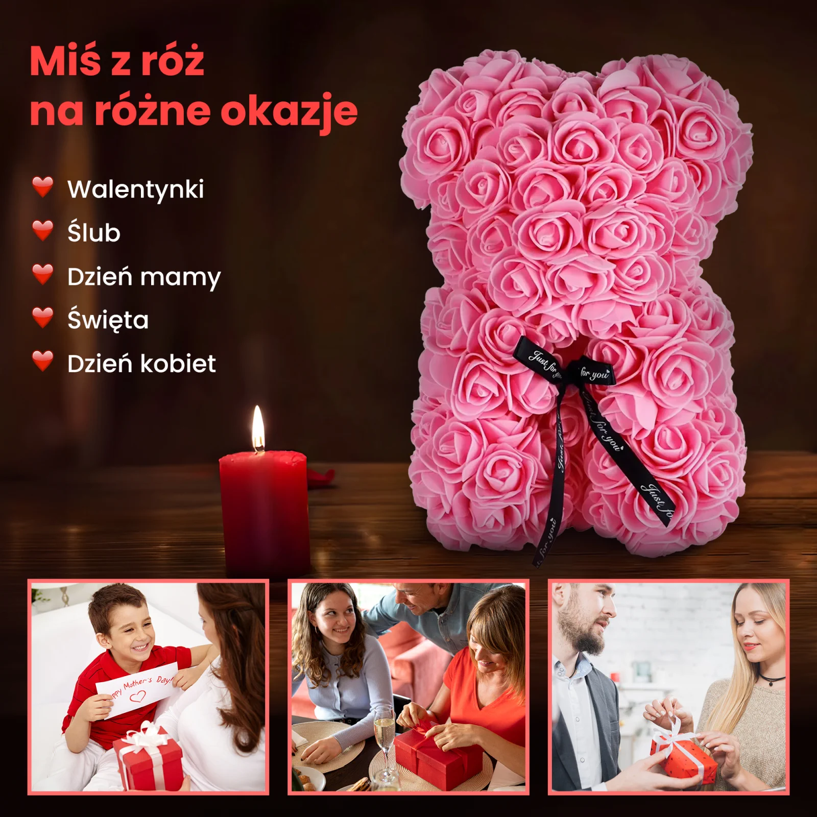 różowy miś z róż stoi obok zapalonej świecy