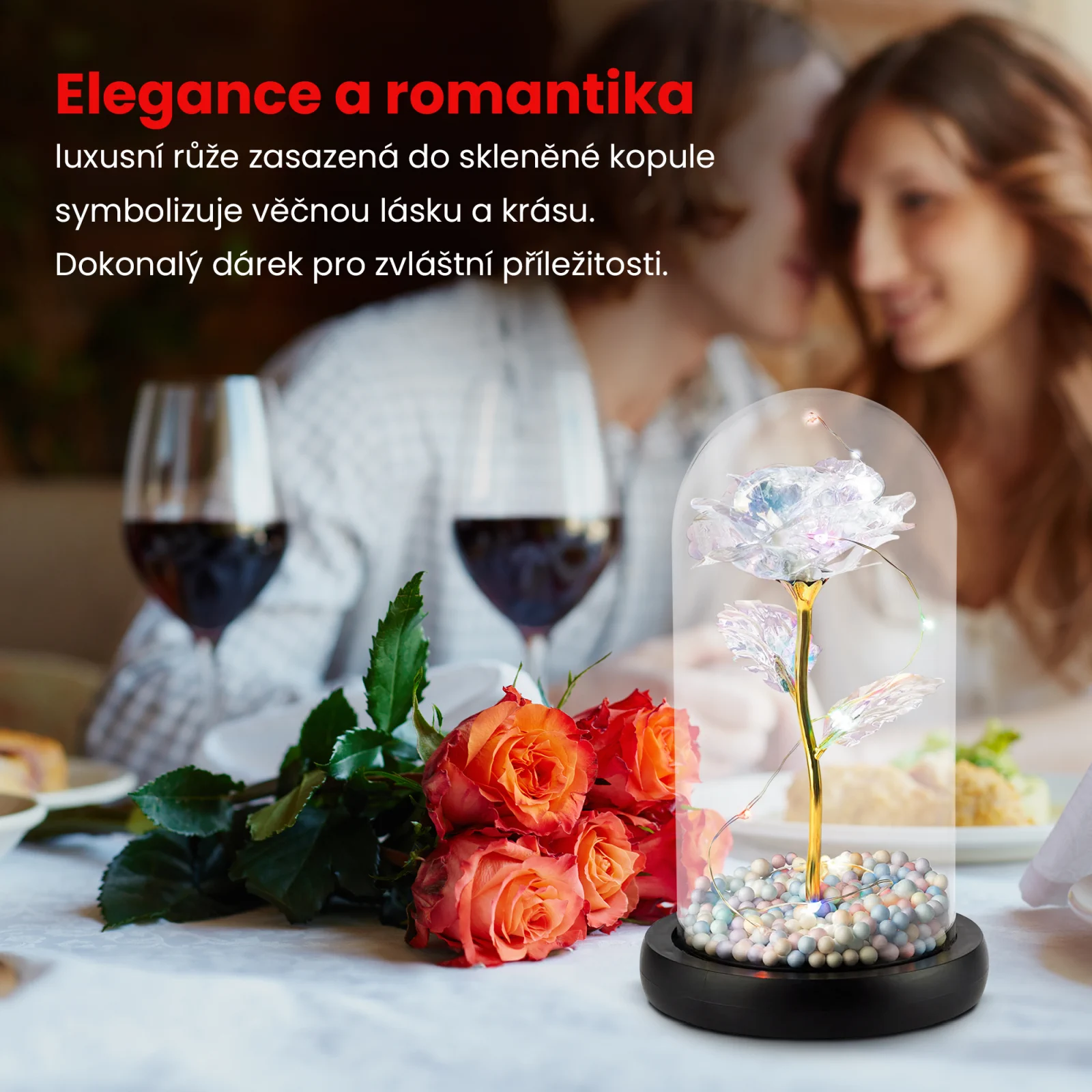 EXTRALINK HOME VĚČNÁ RŮŽE VE SKLE ZÁŘÍCÍ LED ČERVENÁ W-860