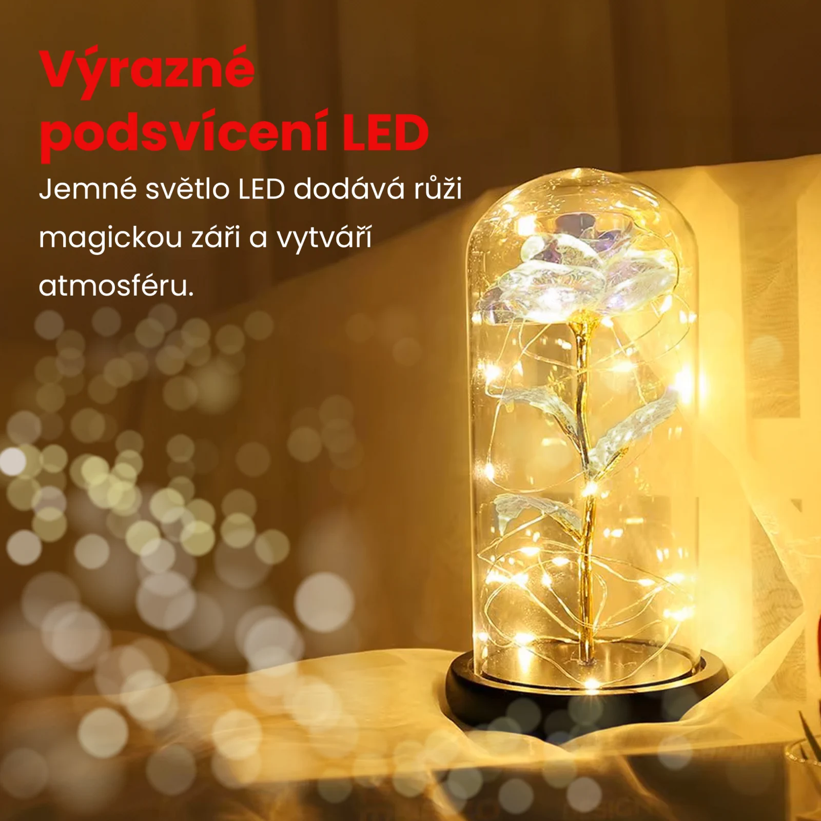 EXTRALINK HOME VĚČNÁ RŮŽE VE SKLE ZÁŘÍCÍ LED ČERVENÁ W-860