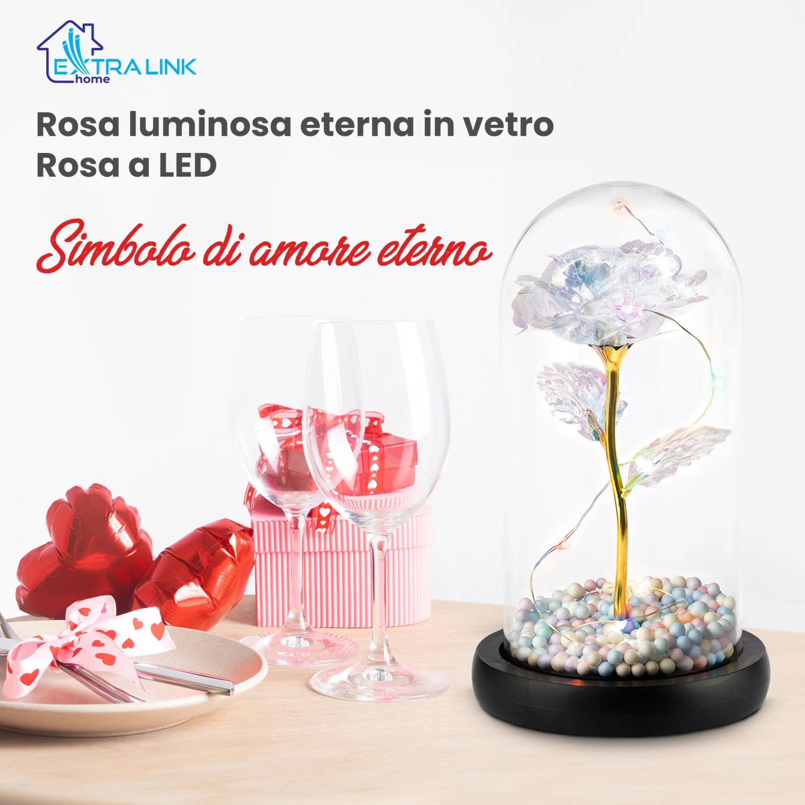 ROSA PERPETUA EXTRALINK HOME IN VETRO LUMINOSO A LED ROSSO W-860