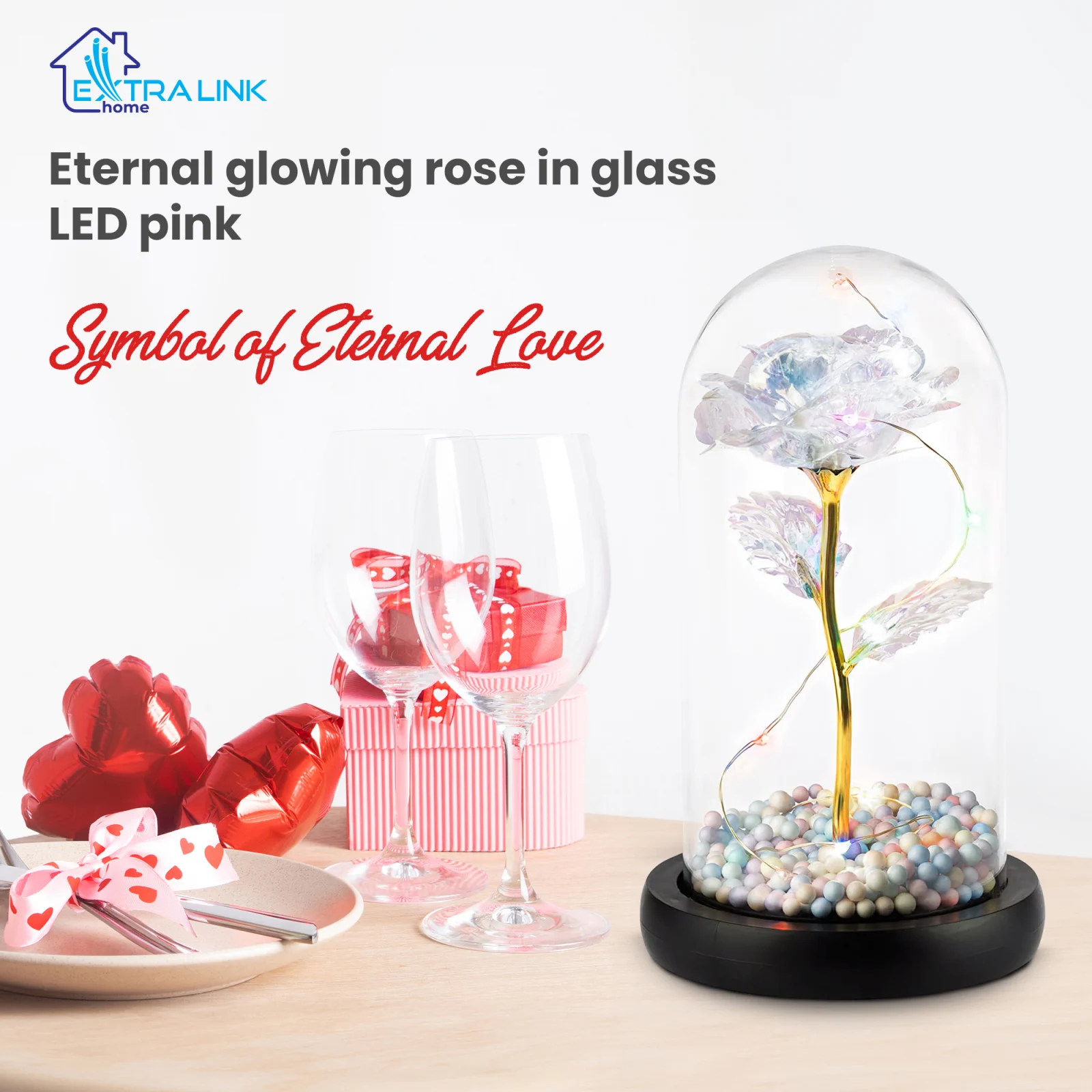 EXTRALINK HOME WIECZNA RÓŻA W SZKLE ŚWIECĄCA LED CZERWONA W-860