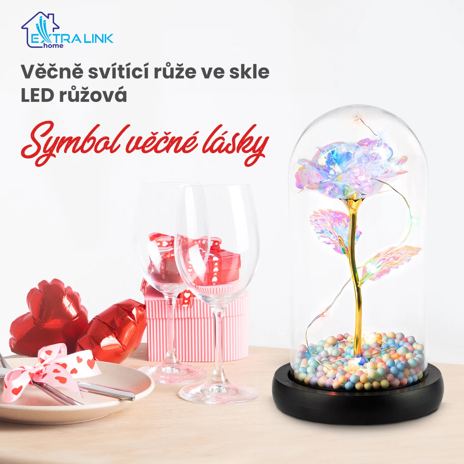 EXTRALINK HOME VĚČNÁ RŮŽE VE SKLE ZÁŘÍCÍ LED ČERVENÁ W-860