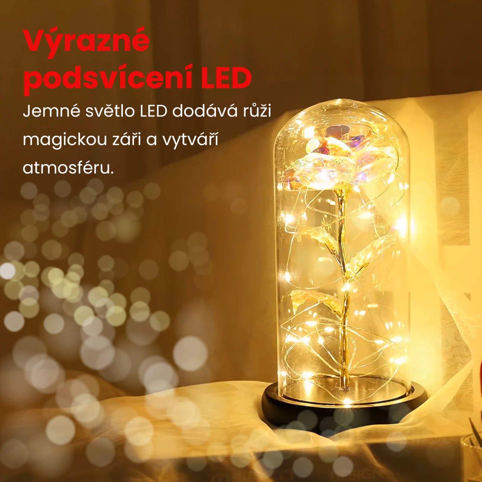 EXTRALINK HOME VĚČNÁ RŮŽE VE SKLE ZÁŘÍCÍ LED ČERVENÁ W-860