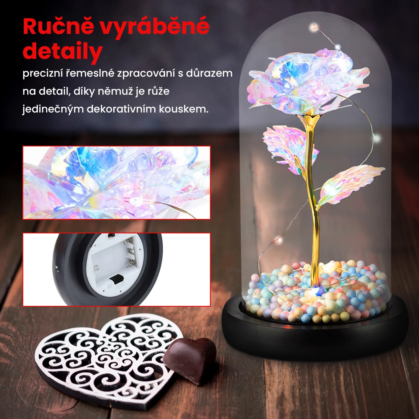 EXTRALINK HOME VĚČN&Aacute; RŮŽE VE SKLE Z&Aacute;Ř&Iacute;C&Iacute; LED ČERVEN&Aacute; W-860