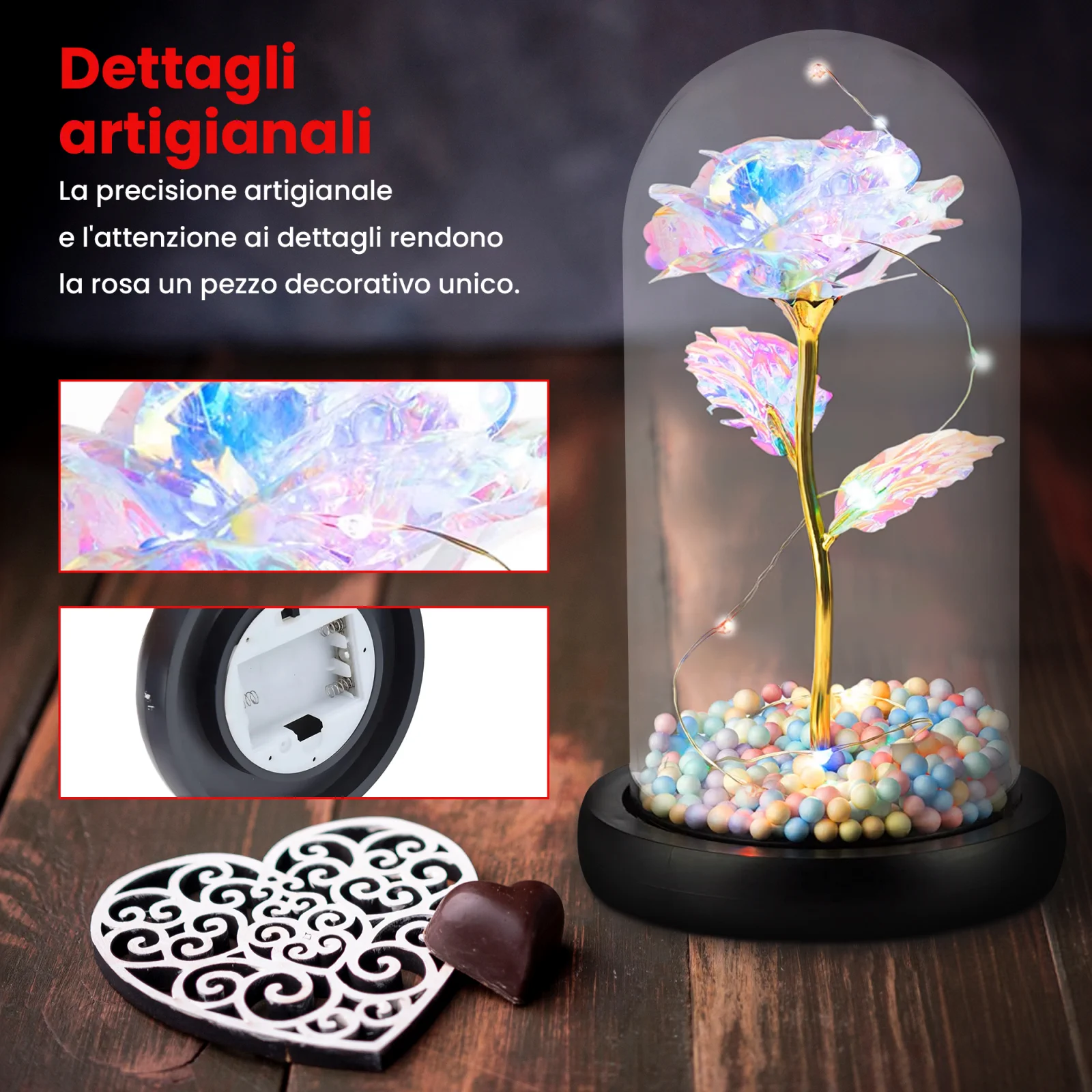 ROSA PERPETUA EXTRALINK HOME IN VETRO LUMINOSO A LED ROSSO W-860