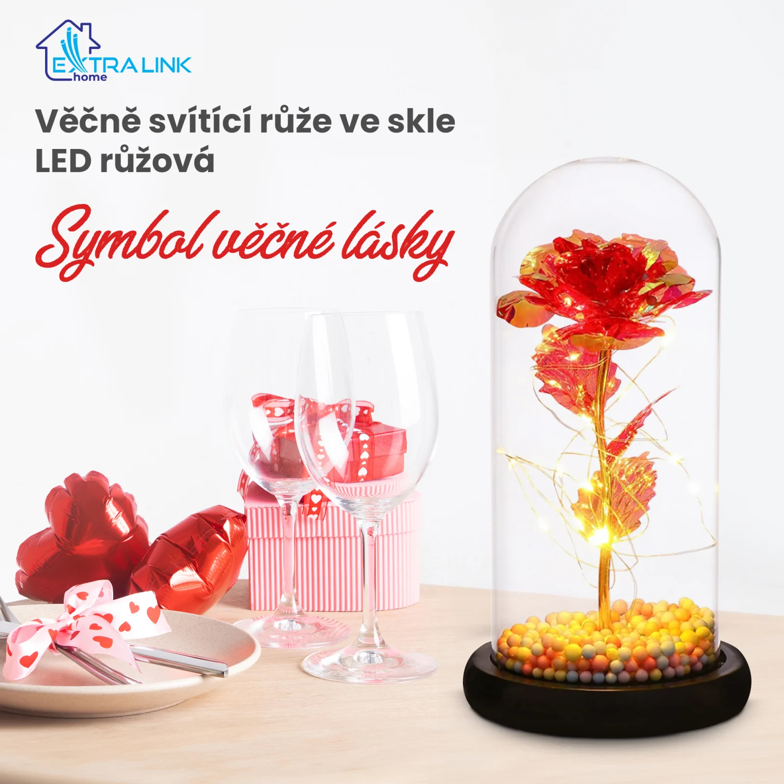 EXTRALINK HOME VĚČNÁ RŮŽE VE SKLE ZÁŘÍCÍ LED ČERVENÁ W-860