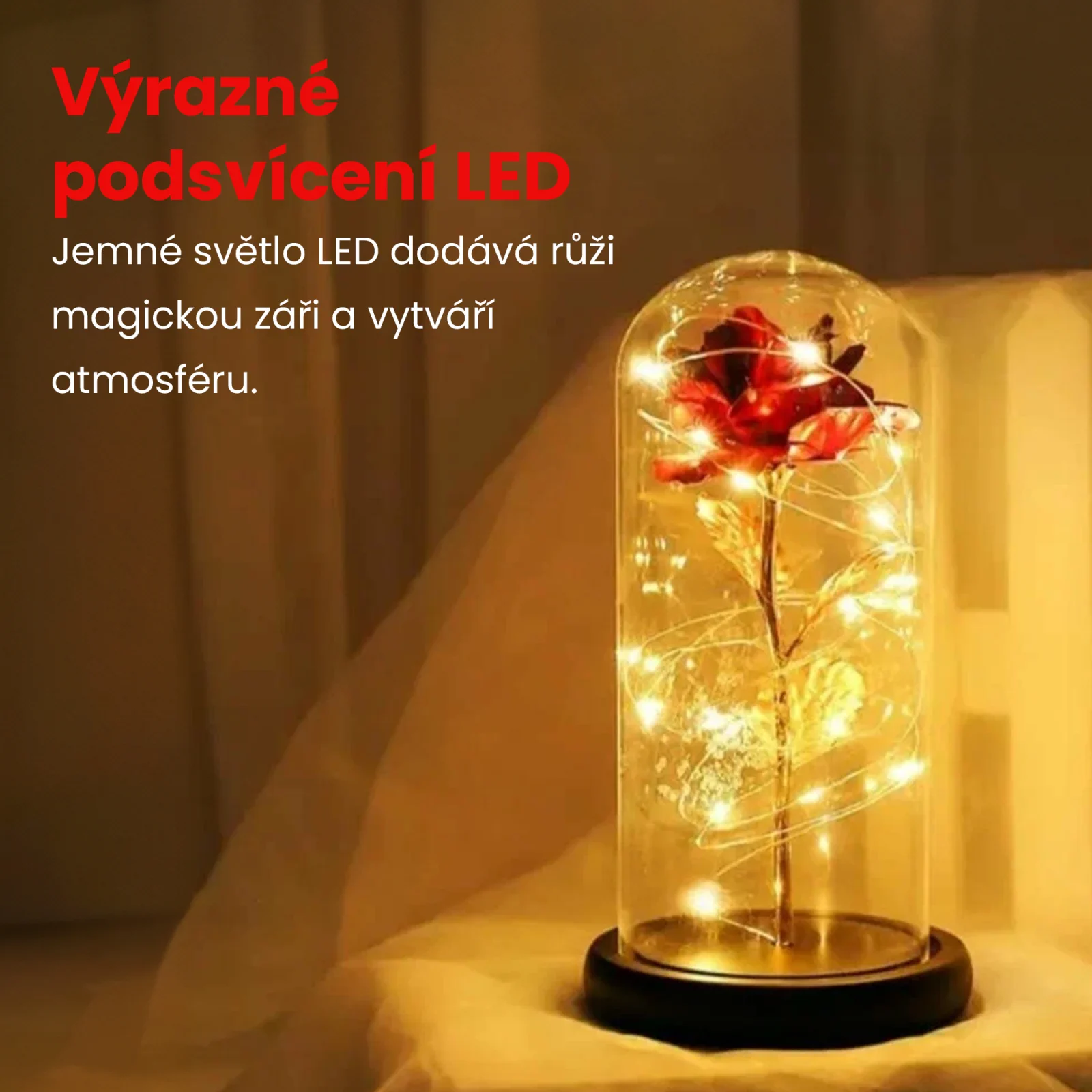EXTRALINK HOME VĚČNÁ RŮŽE VE SKLE ZÁŘÍCÍ LED ČERVENÁ W-860