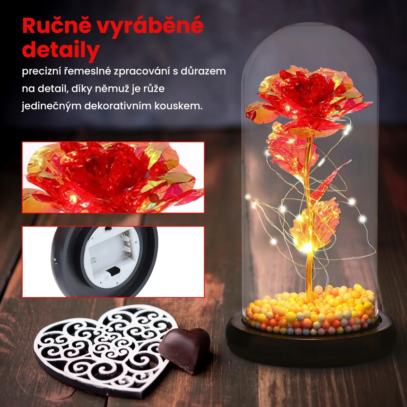 EXTRALINK HOME VĚČN&Aacute; RŮŽE VE SKLE Z&Aacute;Ř&Iacute;C&Iacute; LED ČERVEN&Aacute; W-860