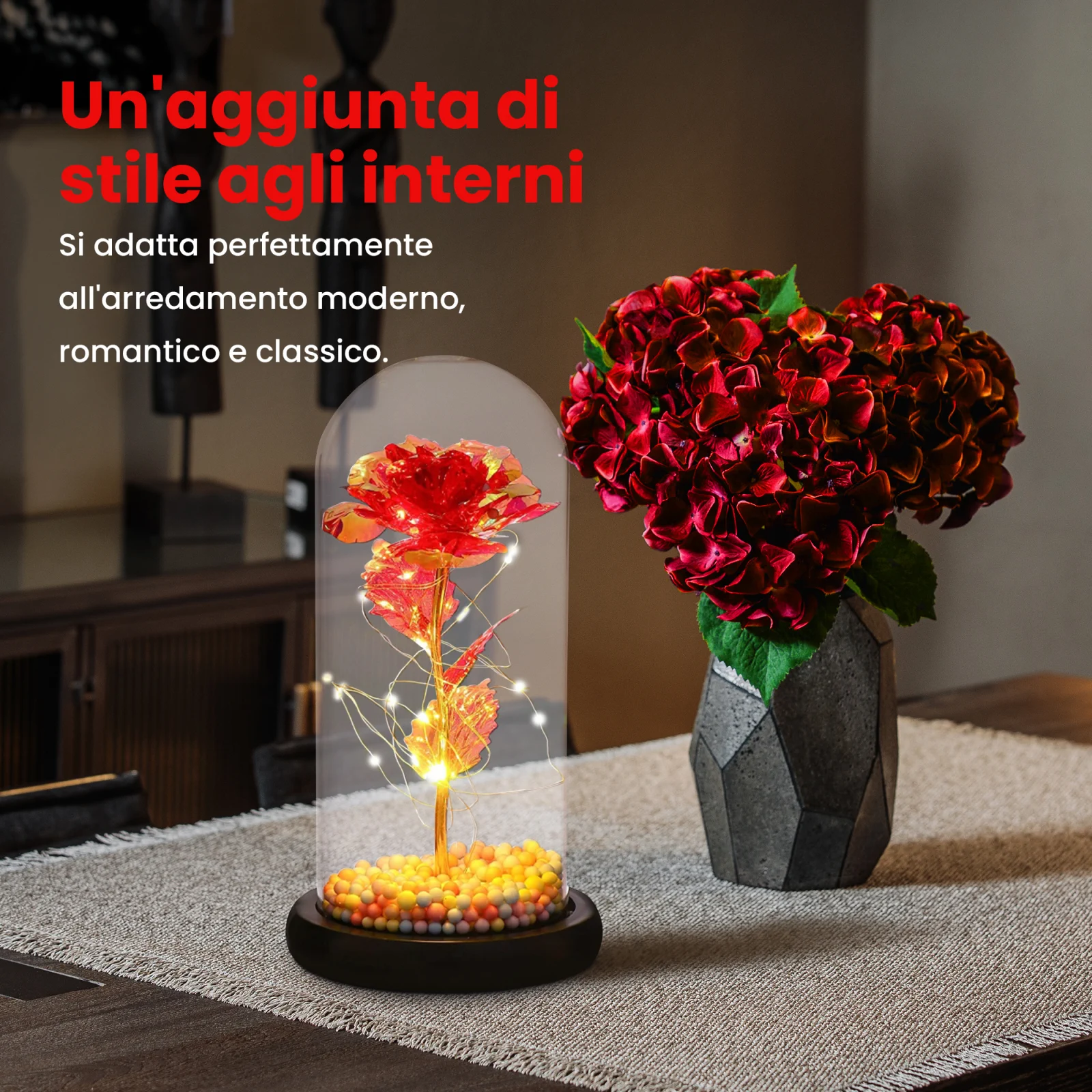 Extralink Home | Rosa eterna in vetro | LED rosso incandescente