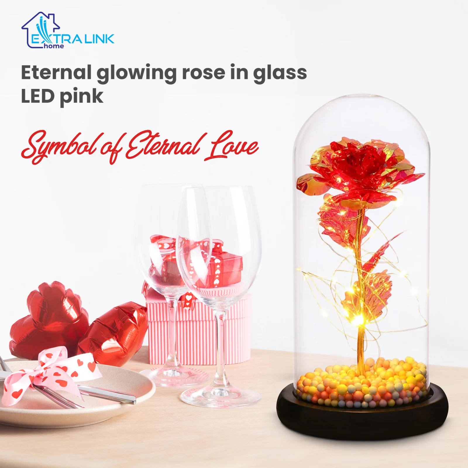 EXTRALINK HOME WIECZNA RÓŻA W SZKLE ŚWIECĄCA LED CZERWONA W-860