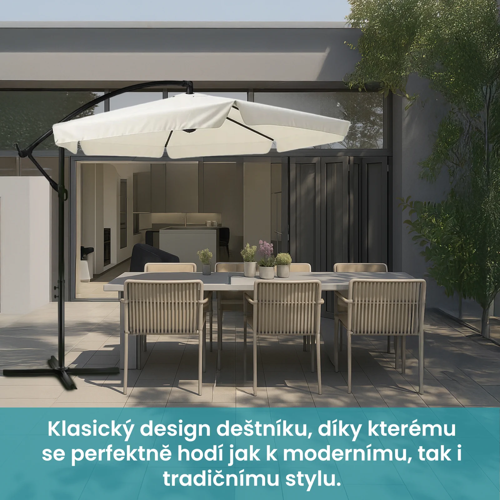 b&eacute;žov&yacute; extralinkov&yacute; slunečn&iacute;k zakr&yacute;vaj&iacute;c&iacute; zahradn&iacute; stůl se &scaron;esti židlemi