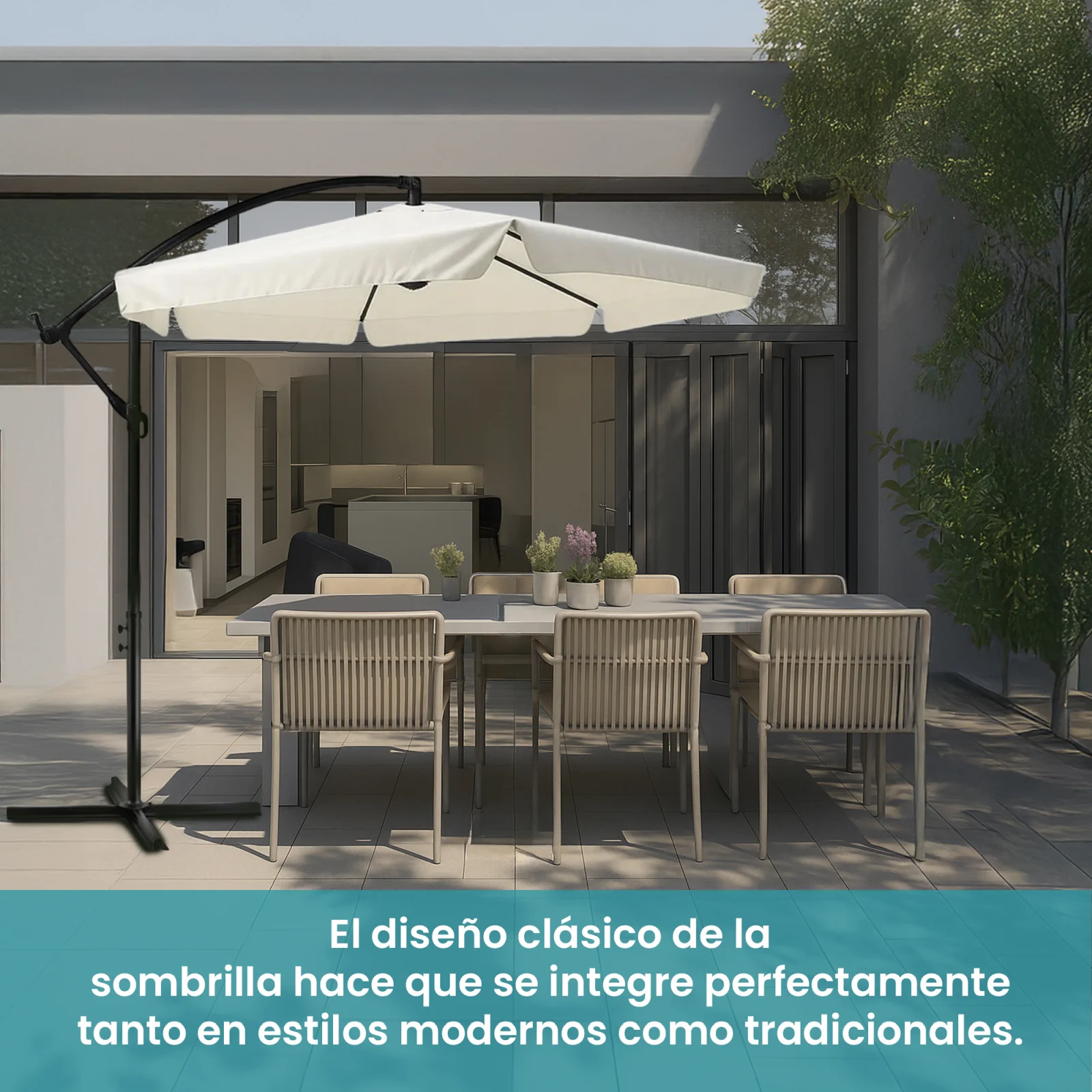 sombrilla extralink beige que cubre mesa de jardín con seis sillas