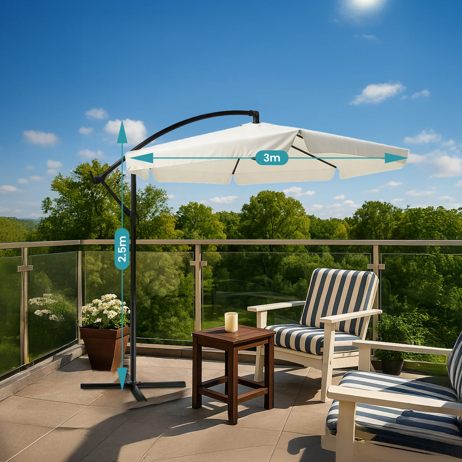 sombrilla extralink beige, Dos sillones y una maceta junto a la sombrilla