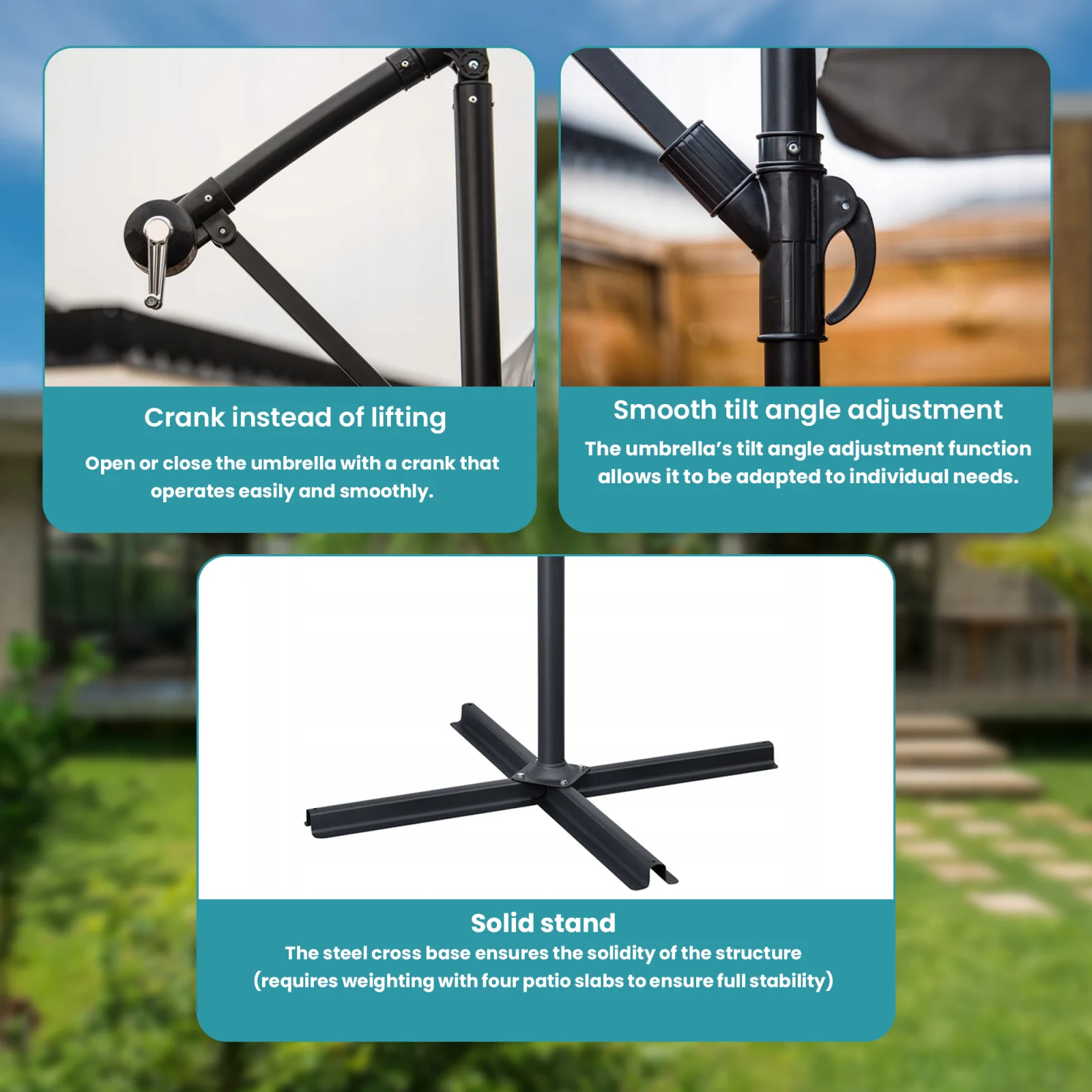 primeros planos de la base del paraguas y elementos que permiten su ajuste