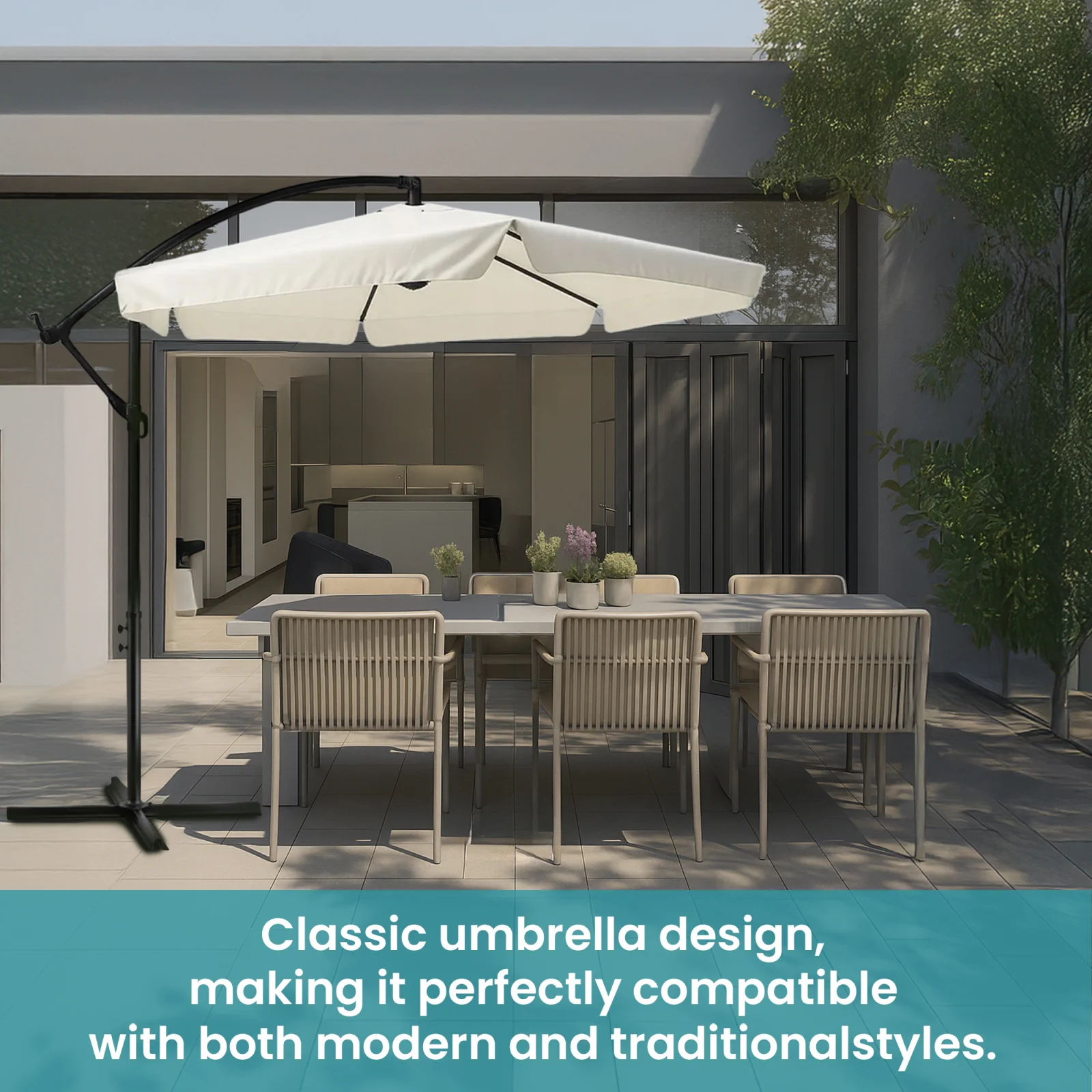 sombrilla extralink beige que cubre mesa de jardín con seis sillas