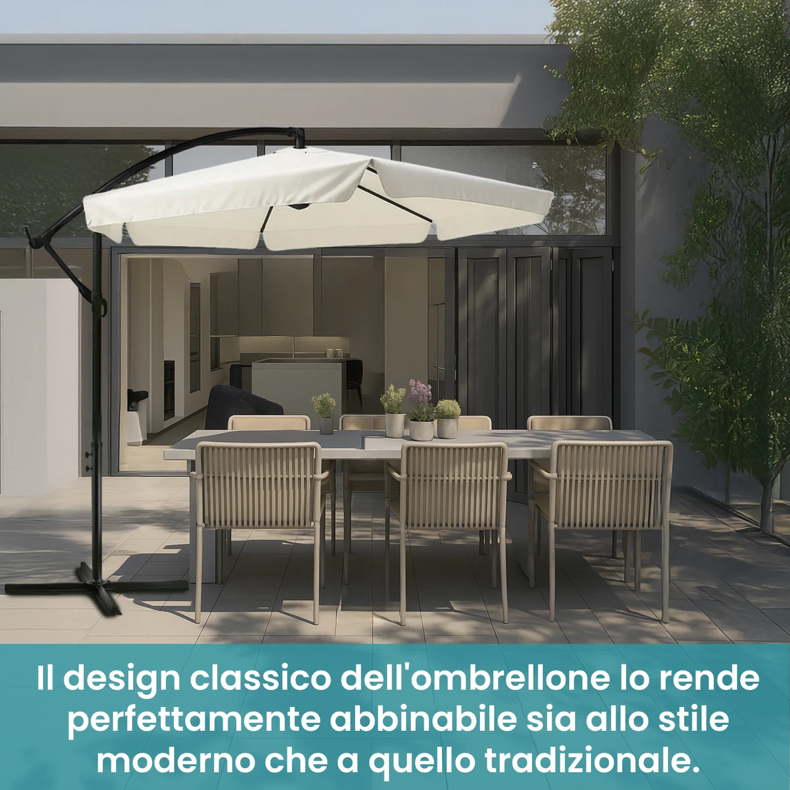 ombrellone extralink beige che copre il tavolo da giardino con sei sedie