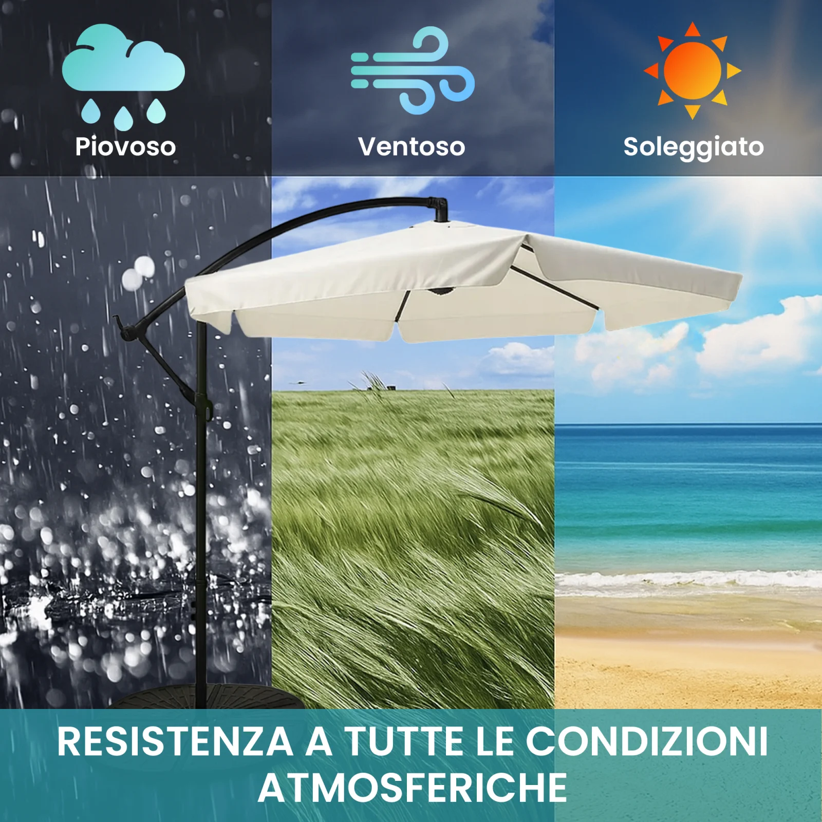 Ombrellone da giardino estensibile in diverse condizioni atmosferiche