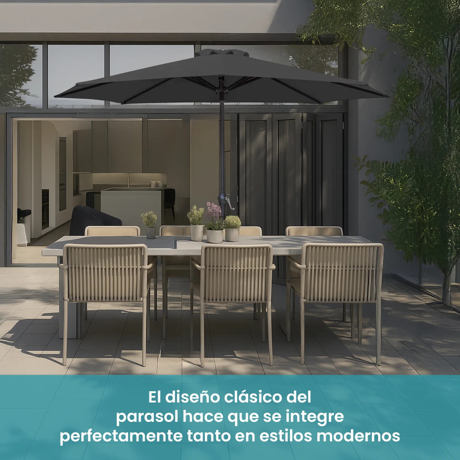 sombrilla extralink que cubre mesa de jardín con seis sillas