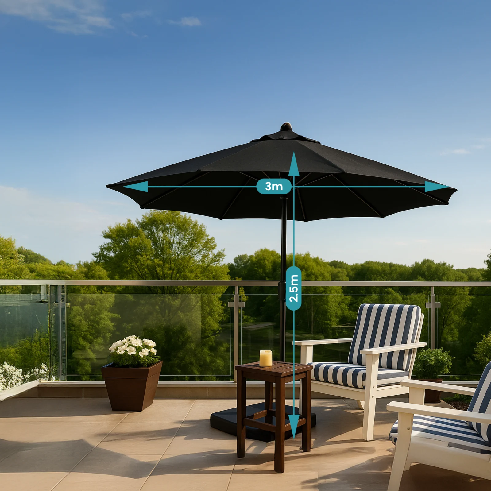 Paraguas extralink negro, Dos sillones y una maceta junto al paraguas