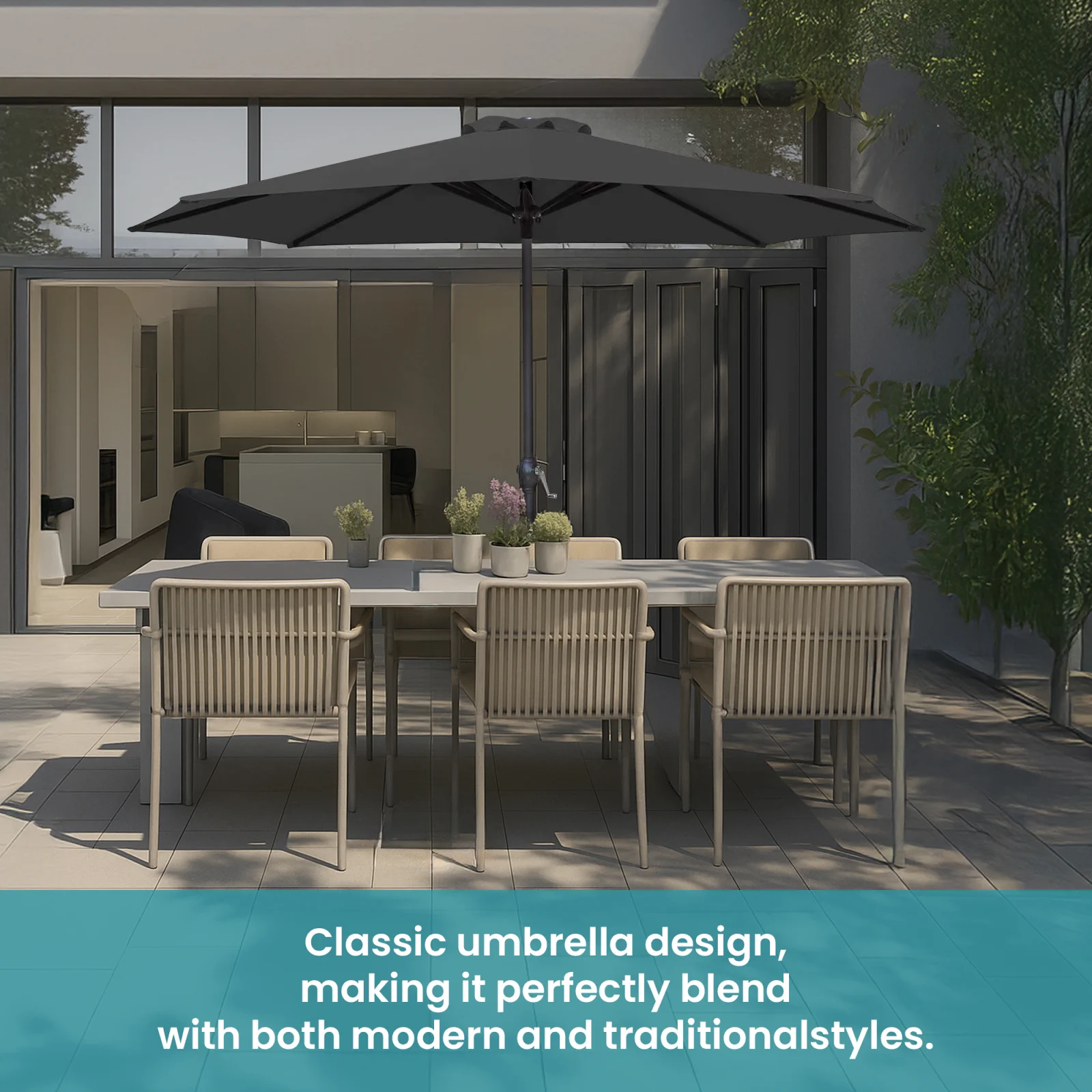 sombrilla extralink que cubre mesa de jardín con seis sillas