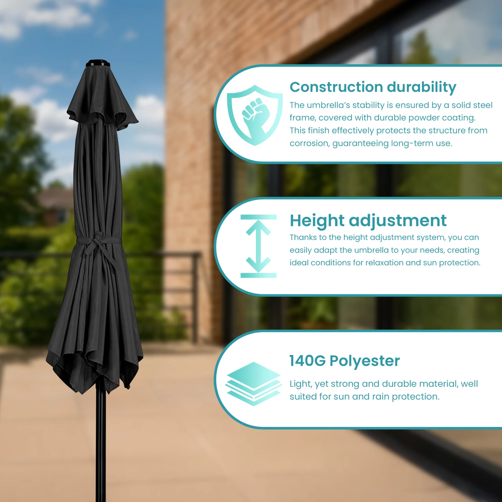 sombrilla de jardín negra plegada extralink