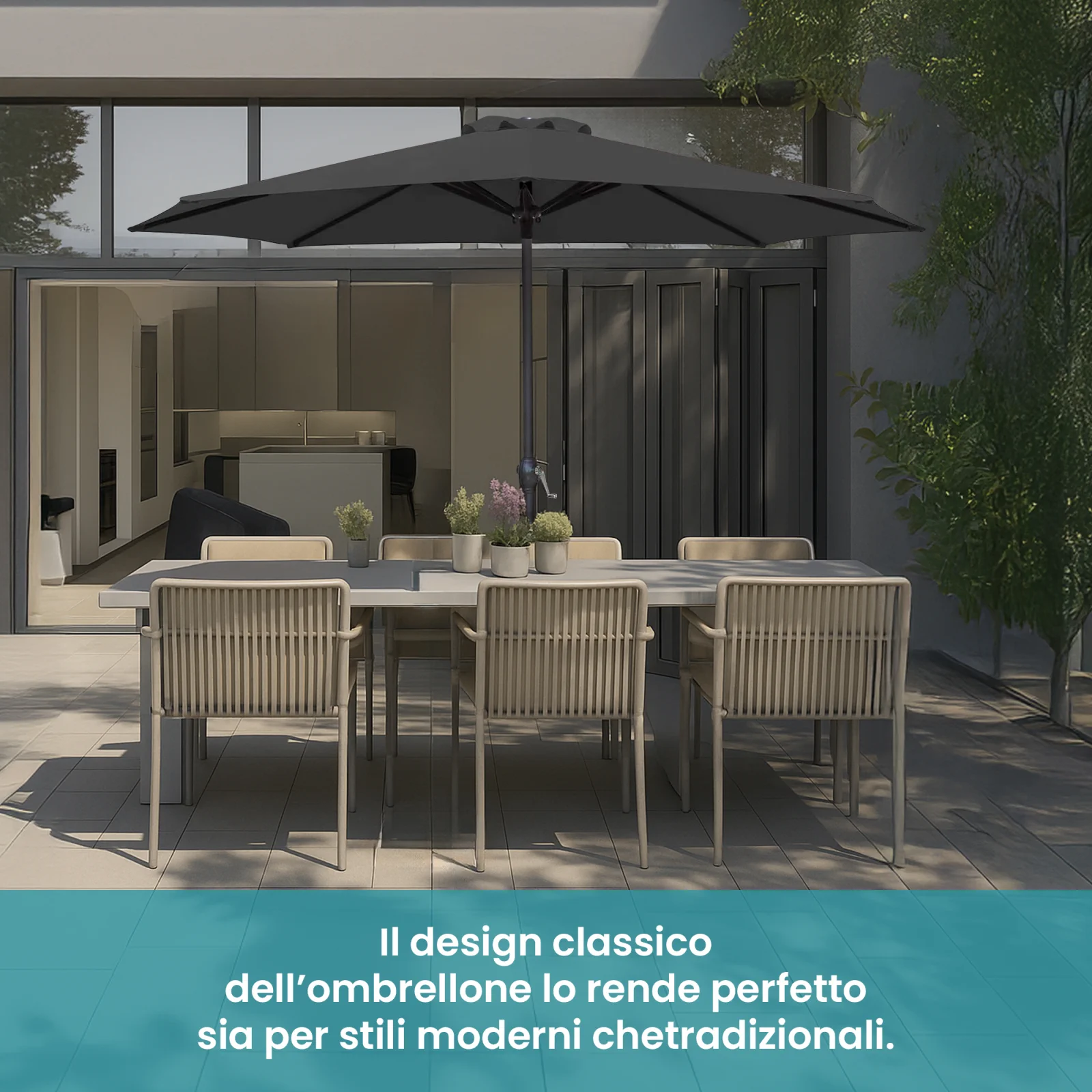 ombrellone extralink che copre il tavolo da giardino con sei sedie